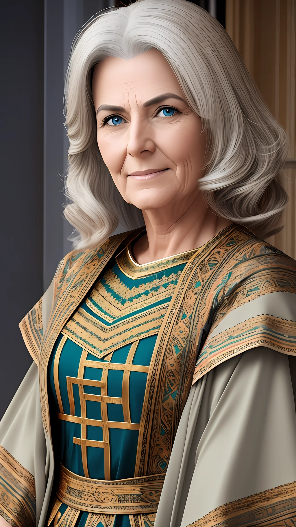 A woman aged forty, wearing a tunic, realistic high image, high resolution 8k --auto --s2