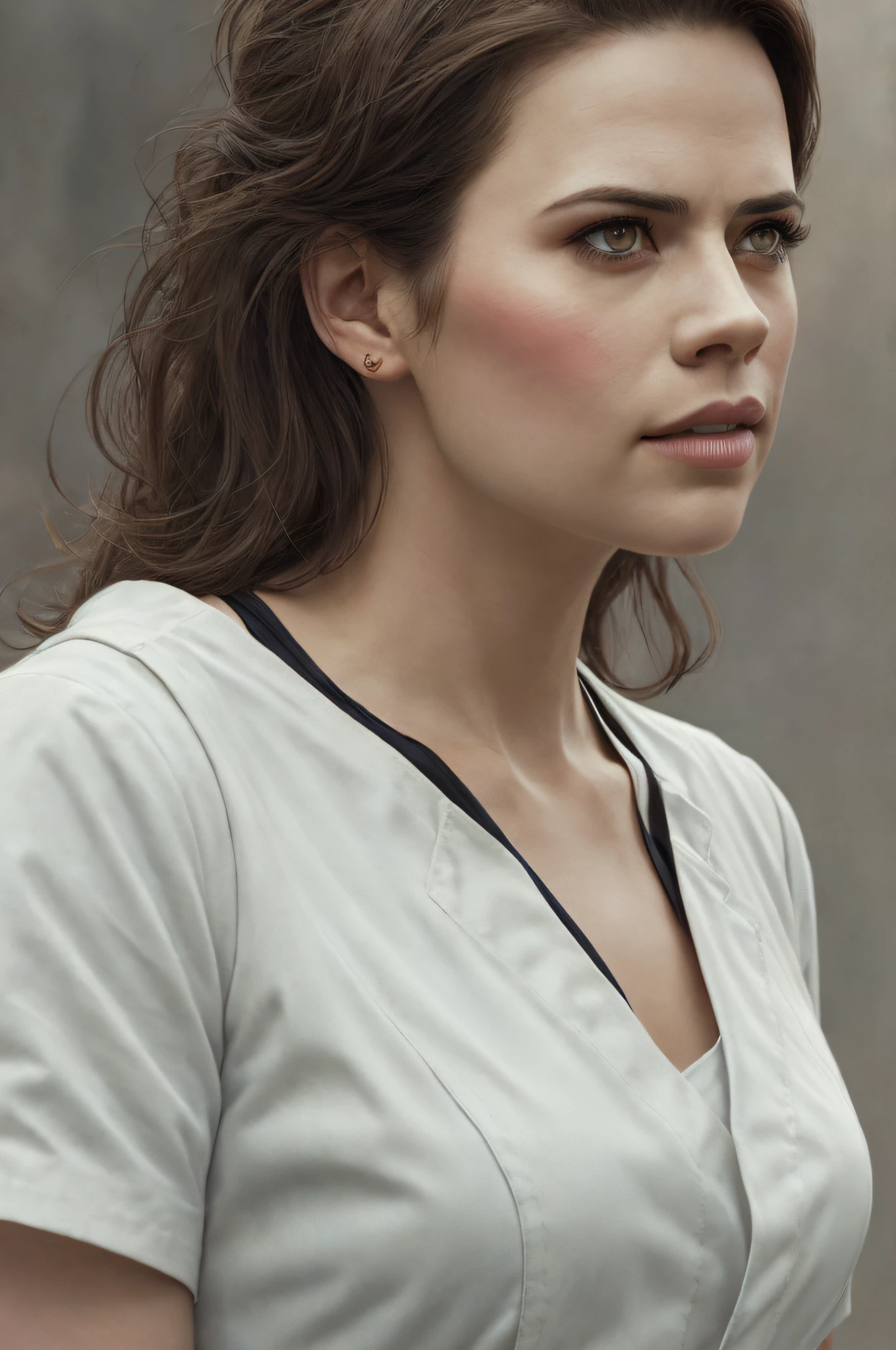 (Thirty year old) nurse woman, wearing a (nurses uniform::1.3), stethoscope, beautiful legs, dreamy photo, dramatic pose, looking directly at camera, intense stare, slight smile, soft expression, flirty, beautiful landscape, misty, Canon, (Detailed features::1.2), real life. Hayley Atwell, intricate, 8k, highly detailed, (extremely detailed CG unity 8k wallpaper), ((square jaw)), (well defined jaw), (downturned lips), (detailed anatomy), Hyperrealistic full shot body image, trending on CGSociety, Intricate, High Detail, Sharp focus, dramatic, volumetric lighting, digital painting, intense, modelshoot style, (extremely detailed CG unity 8k wallpaper), full shot body photo of the most beautiful artwork in the world, pearl skin, professional majestic oil painting by Ed Blinkey, Atey Ghailan, Studio Ghibli, by Jeremy Mann, Greg Manchess, Antonio Moro, trending on ArtStation, photorealistic painting art by midjourney and greg Rutkowski