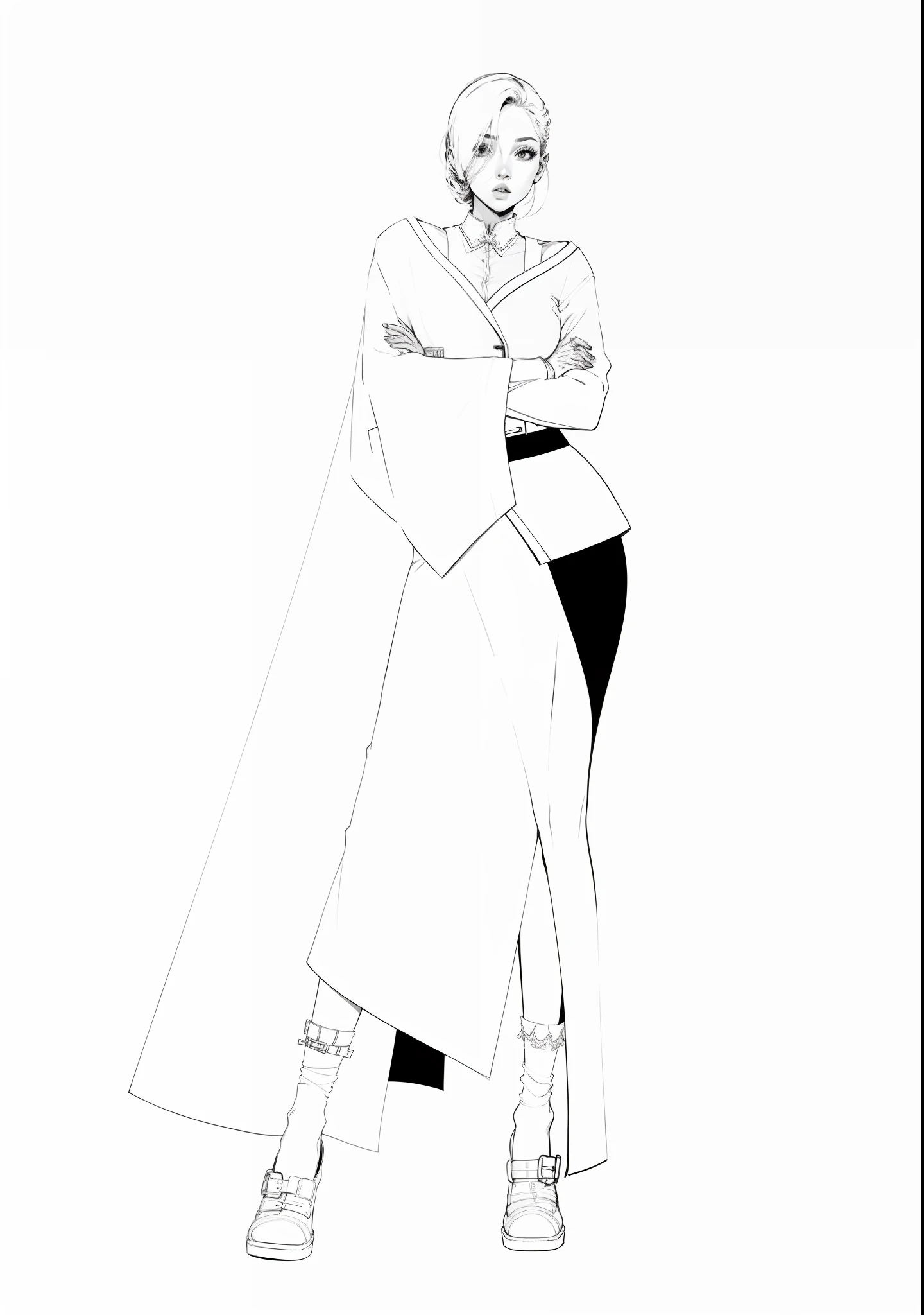 White dress jacket with suspender underwear, black decoration, tall figure, clean lines, clothing design