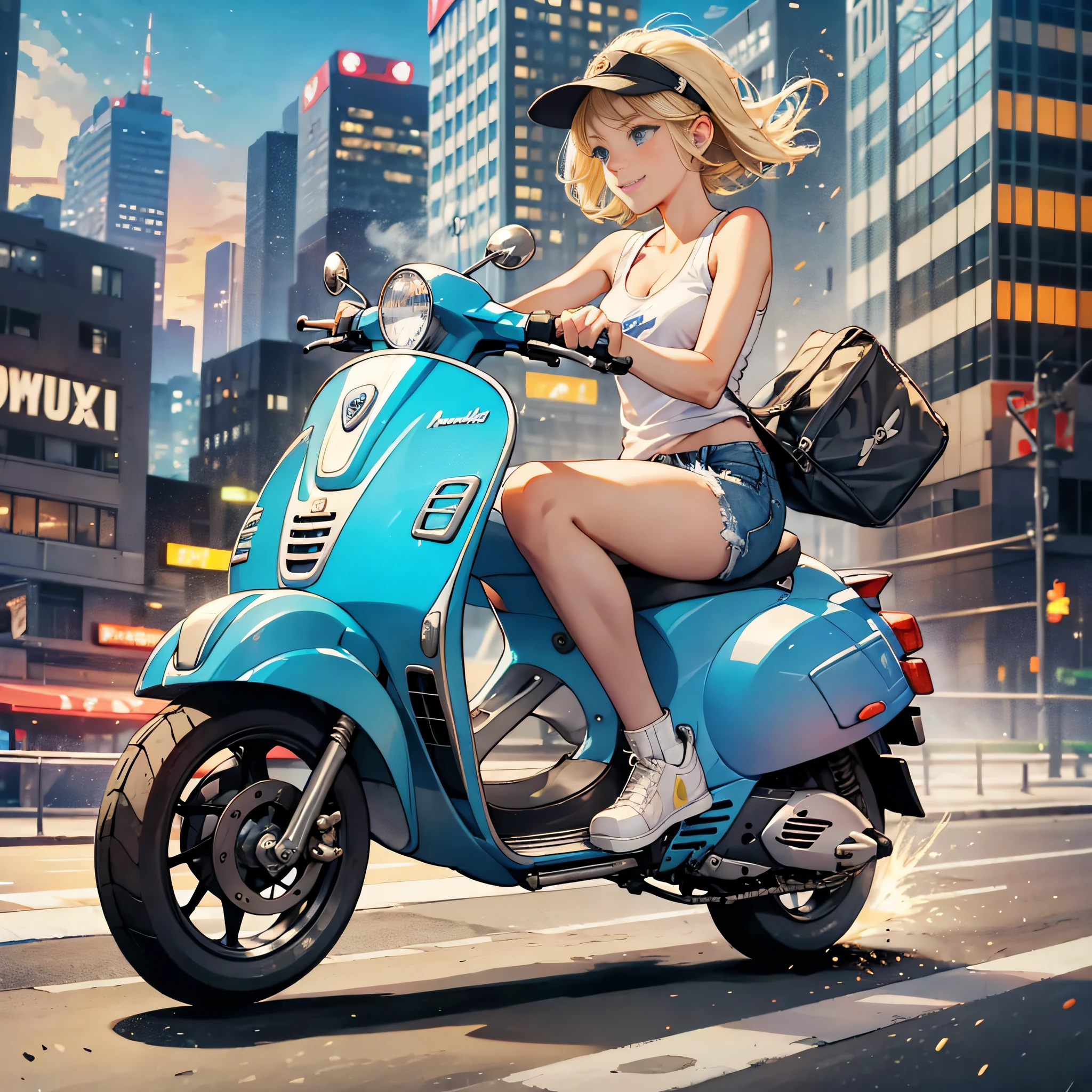 A (speeding) scooter (Vespa) the Yokohama City with harbor at high speed,(slow motion:1.3),(Motion blur:1.3),(speed lines:1.4),sense of speed,
1girl, blonde short bob, smile, (medium breasts, cleavage),, white tank top:1.2, distressed denim shorts: 1.3, white basketball shoes:1.1, (blue eyes, double eyelids, long eyelashes),
Sparks and smoke coming out of tires,