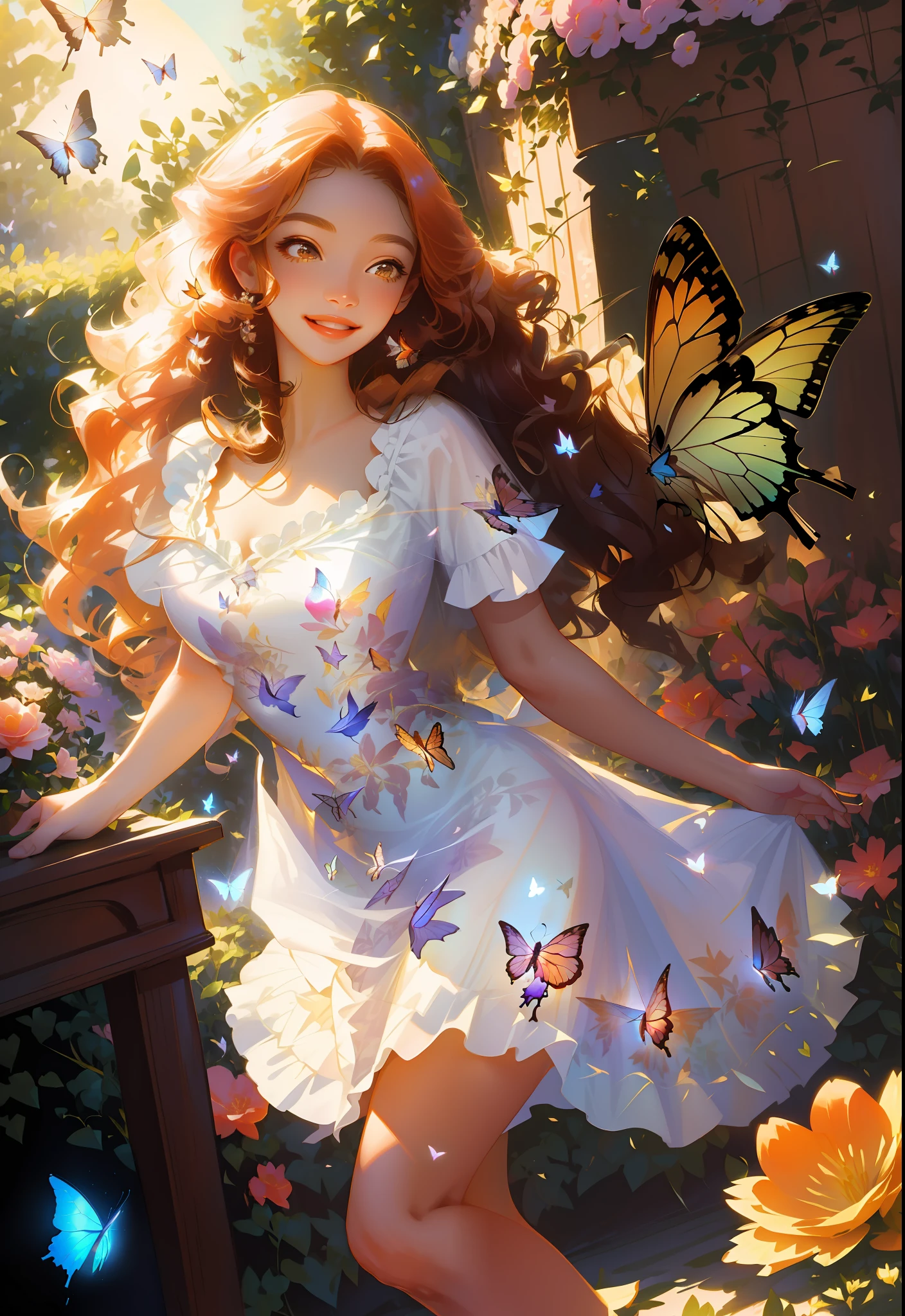 (masterpiece) best quality, high resolution, (dynamic angle) (dynamic pose) (1 woman), (long curly hair), (bright smile), (lovely dress) (floral pattern), (garden scene) (detailed background) (volumetric light), (floating), (butterflies flying around you) night, moon,