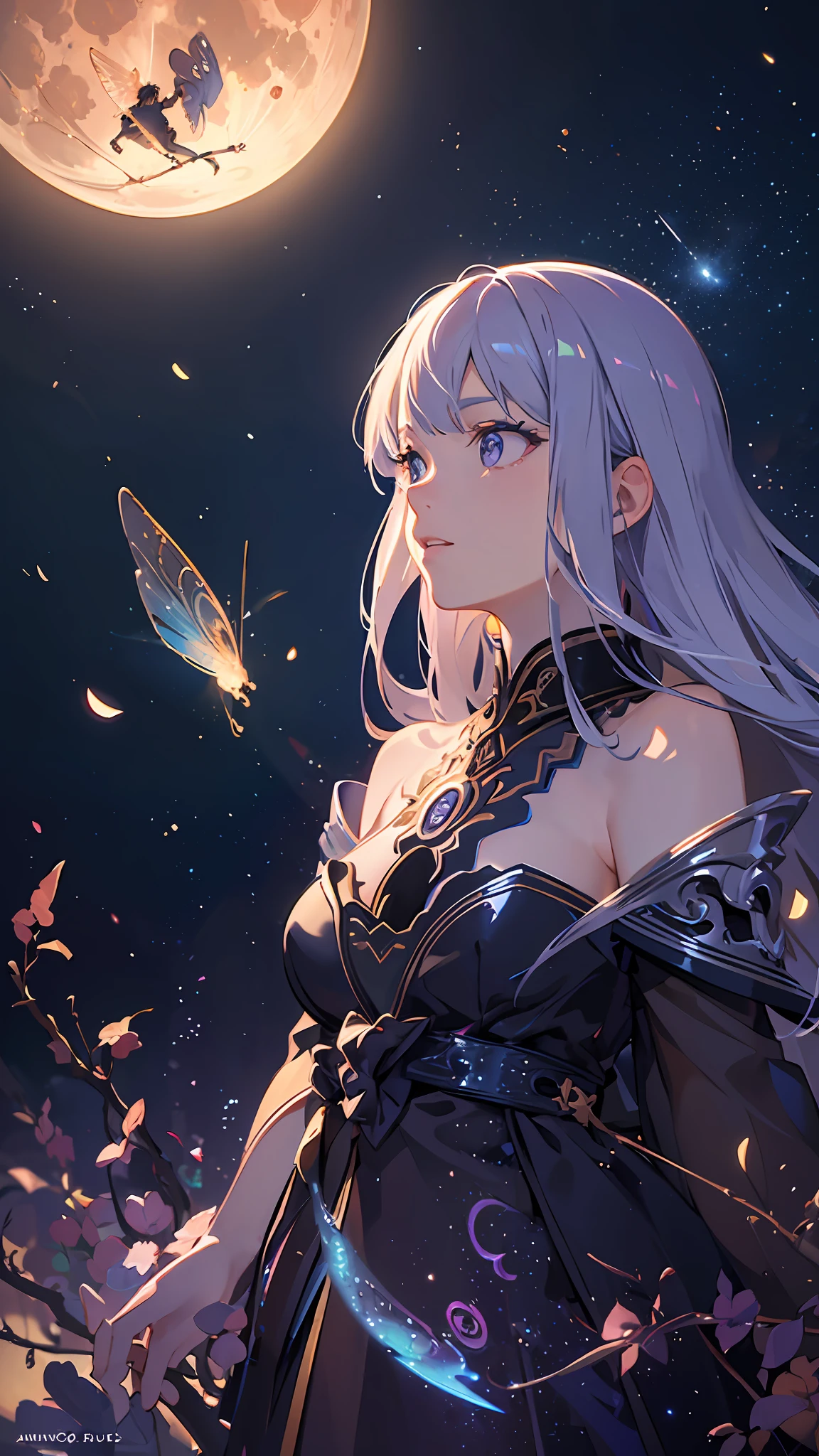 ethereal girl::3 intricate details, ornate, detailed illustration, octane render, beautiful girl, trending on artstation, expansive landscape photograph , (a view from below that shows sky above and open field below), a girl standing on flower field looking up, (full moon:1.2), ( shooting stars:0.9), (nebula:1.3), distant mountain, tree BREAK
production art, (warm light source:1.2), (Firefly:1.2), lamp, lot of purple and orange, intricate details, volumetric lighting, realism BREAK
(masterpiece:1.2), (best quality), 4k, ultra-detailed, (dynamic composition:1.4), highly detailed, colorful details,( iridescent colors:1.2), (glowing lighting, atmospheric lighting), dreamy, magical, (solo:1.2) (((realistic))) --auto --s2