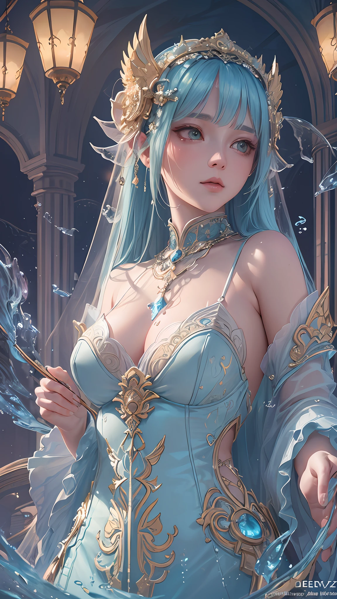 ethereal girl::3 intricate details, ornate, detailed illustration, octane render, beautiful girl, trending on artstation, expansive landscape photograph , (a view from below) ((water mark: senzey ramen)), (glowing lighting, atmospheric lighting), dreamy, magical, (solo:1.2) (((realistic))) --auto --s2