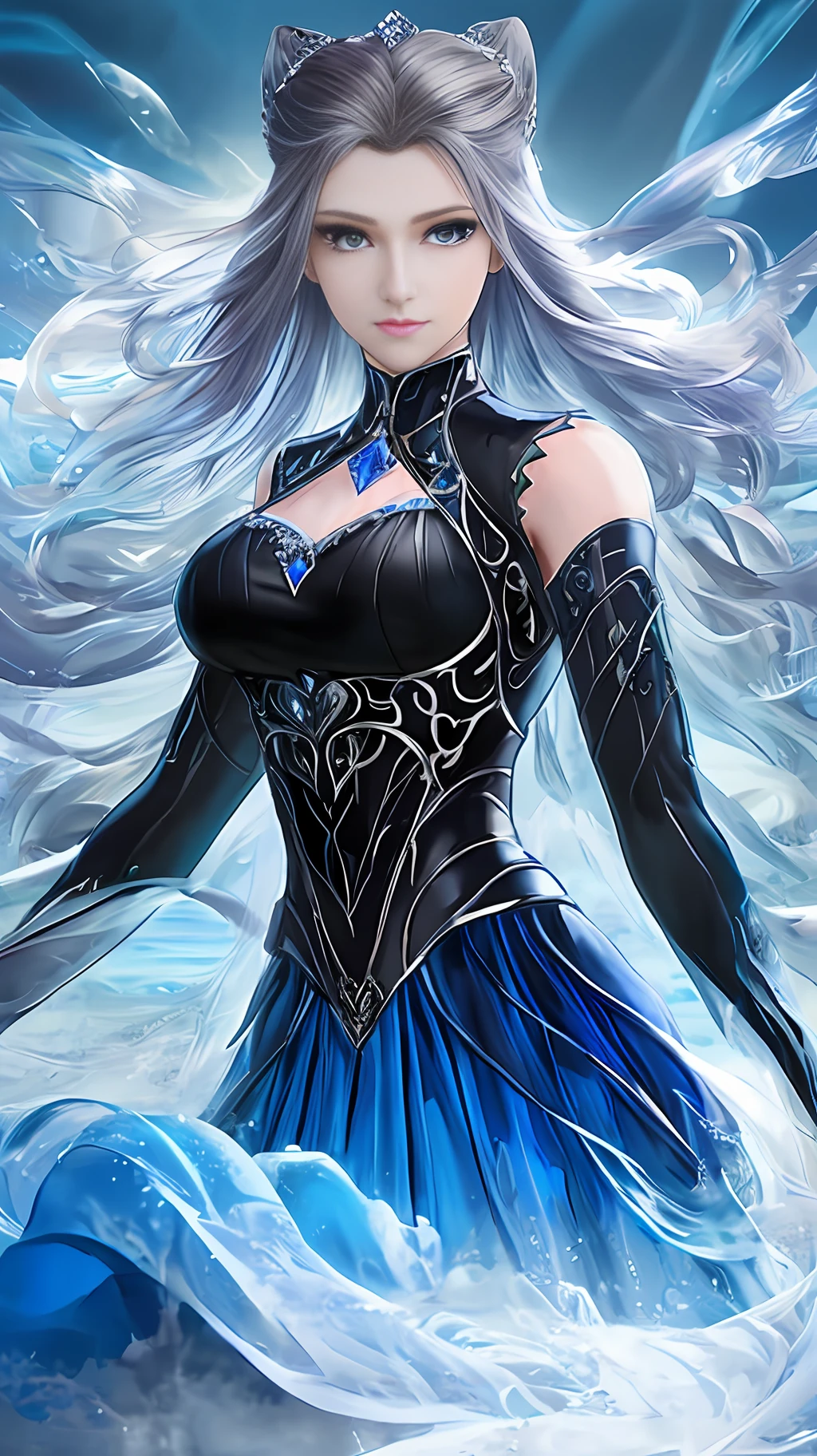 Masterpiece, top quality, best, official art, beautiful and aesthetic, long exposure: 1.2) smooth movement, charming pattern, 1 woman, (no cleavage: 1.4) (long skirt with sleeves: 1.3) ((long blue skirt)) (small breasts: 12) No shoulders, gaze at the observer, detailed background, detailed face, (crystallineAl, crystalline theme: 1.1), elemental water sprite, rotating water, control water, diamond clothes Floating particles, ethereal power, water, steam, ocean in background, blue tones, coast, ethereal atmosphere