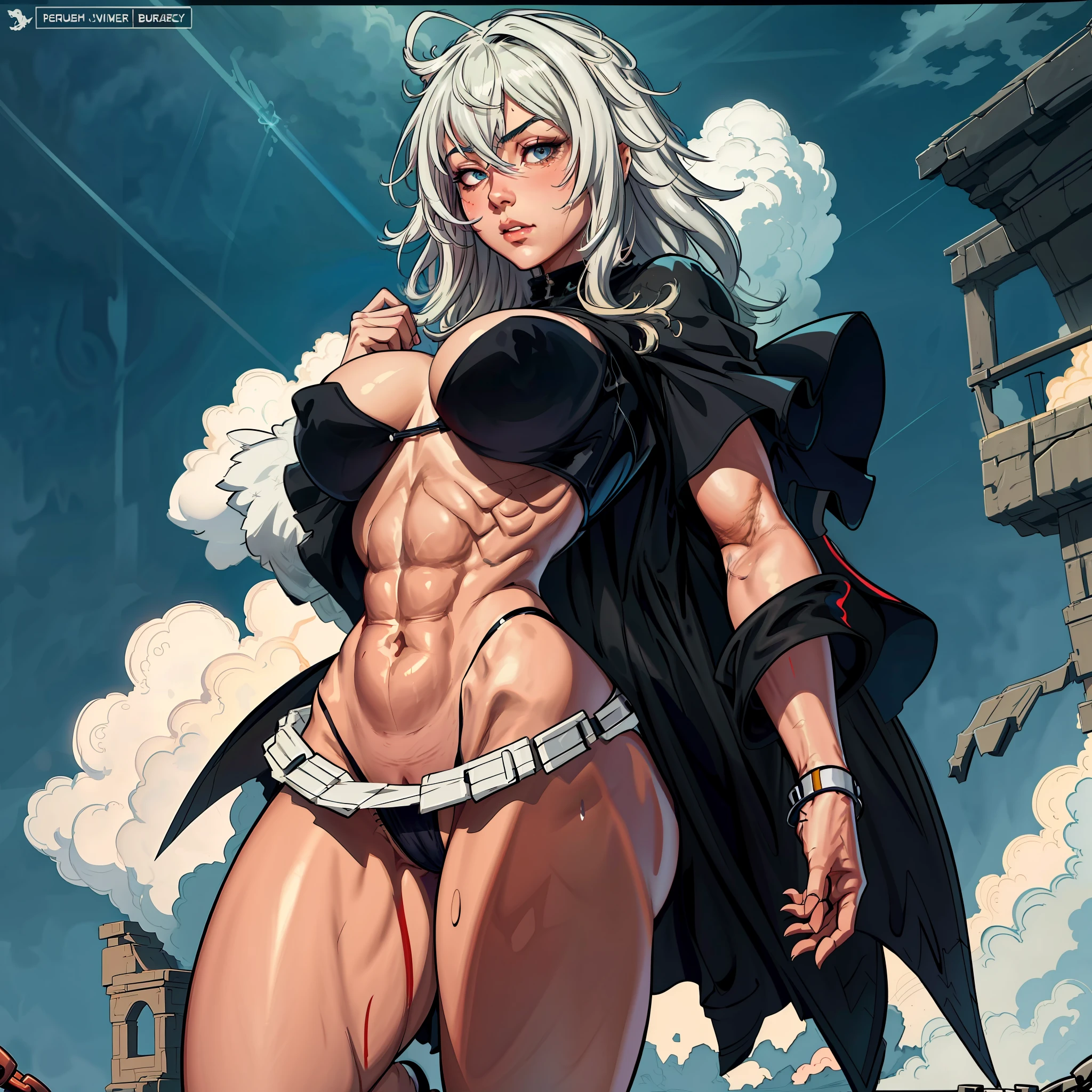 A beautiful woman with chains on her arms, cutesexyrobutts, piercing and detached eyes, muscular!, fit body, gynoid body, sweaty body, perfect body, fit body, abdomen, large breasts, chubby butt, prancing ass, plump butt, full body concept art, detailed full body concept art, Yusuke Murata style, Ilya Kuvshinov, Oppai proportions, official character art, uniform, full body concept, (best quality, masterpiece) a cute chibi girl,Sciamano240 style,