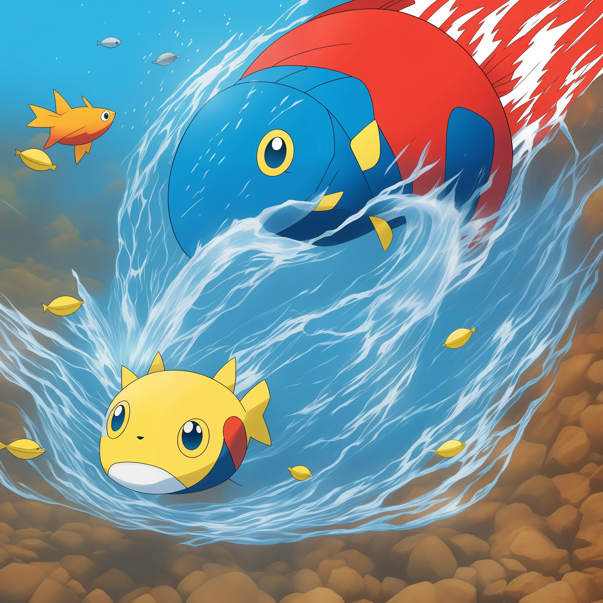 pokemon type water anime fish cartoom Be a cool fish, walking on land, anime hand companion feeling.