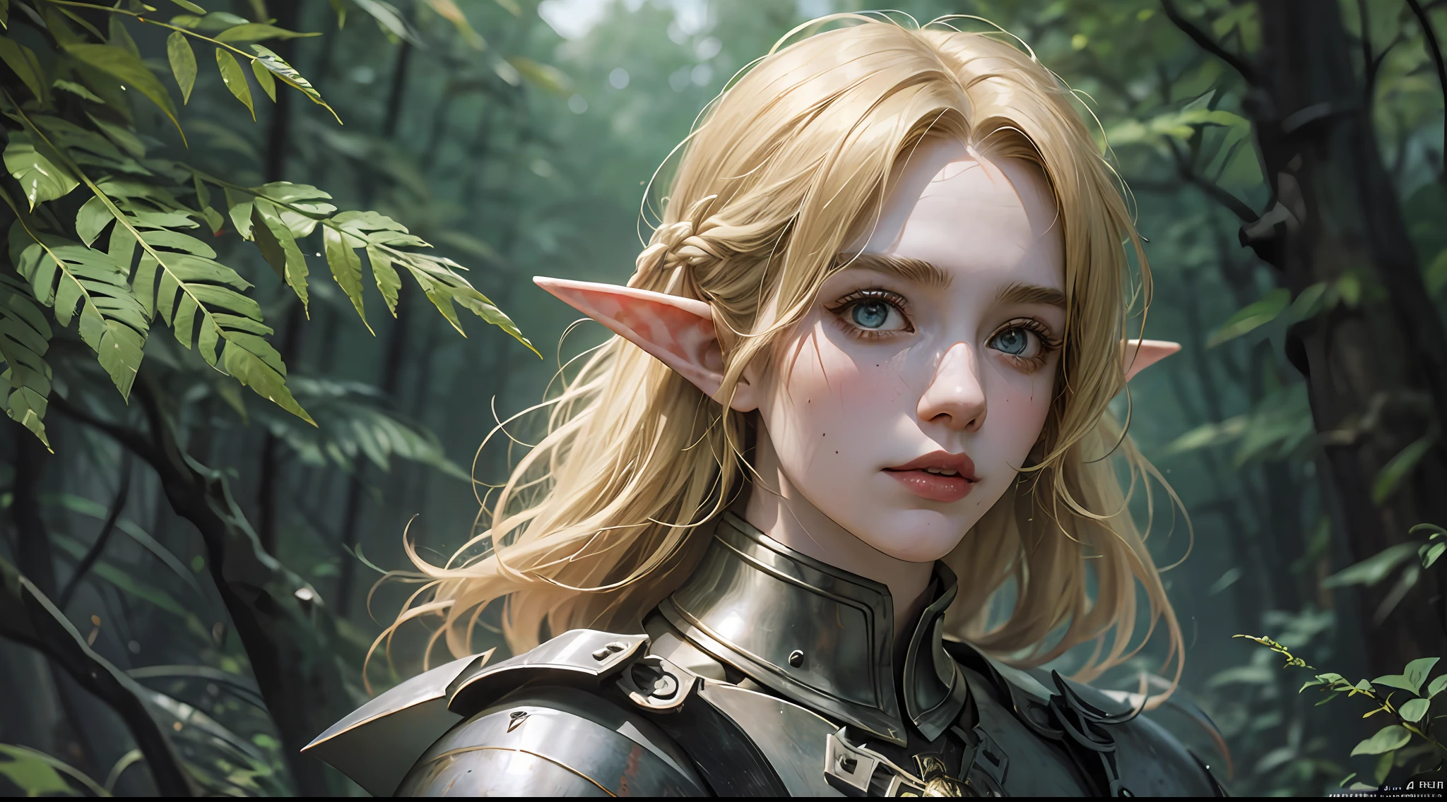 young elf 18 years, full body,likes blood face, blonde and medium hair, warrior outfit, background with debris, detailed shadow, sunlight on face, realistic --auto --s2