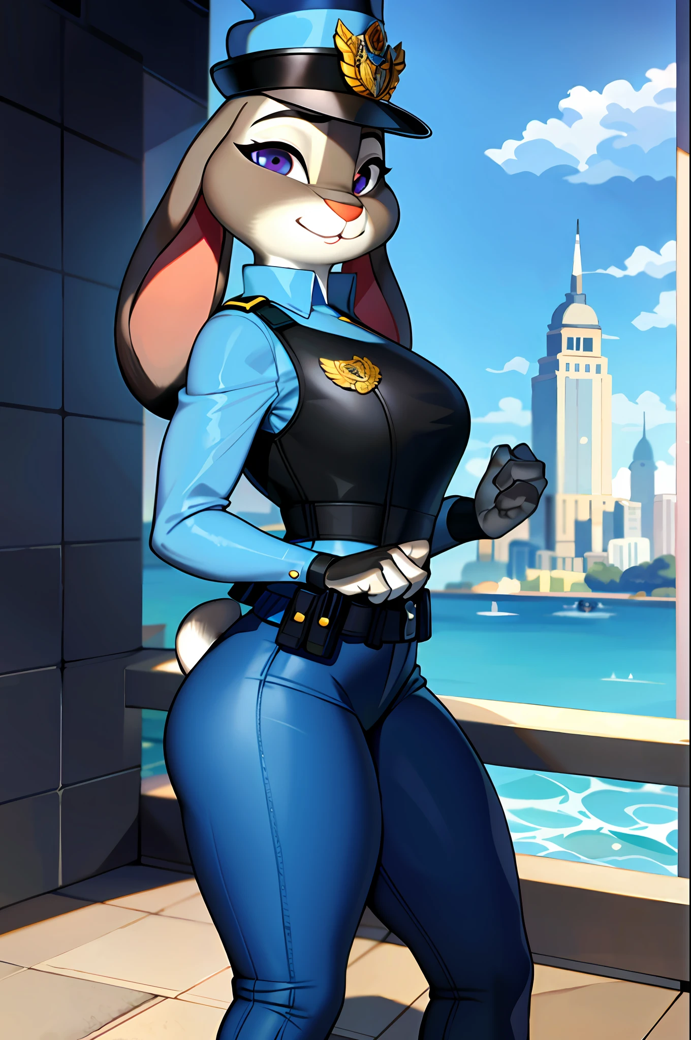 best quality, masterpiece, solo, 1girl, JudyHopps, police uniform, police hat,