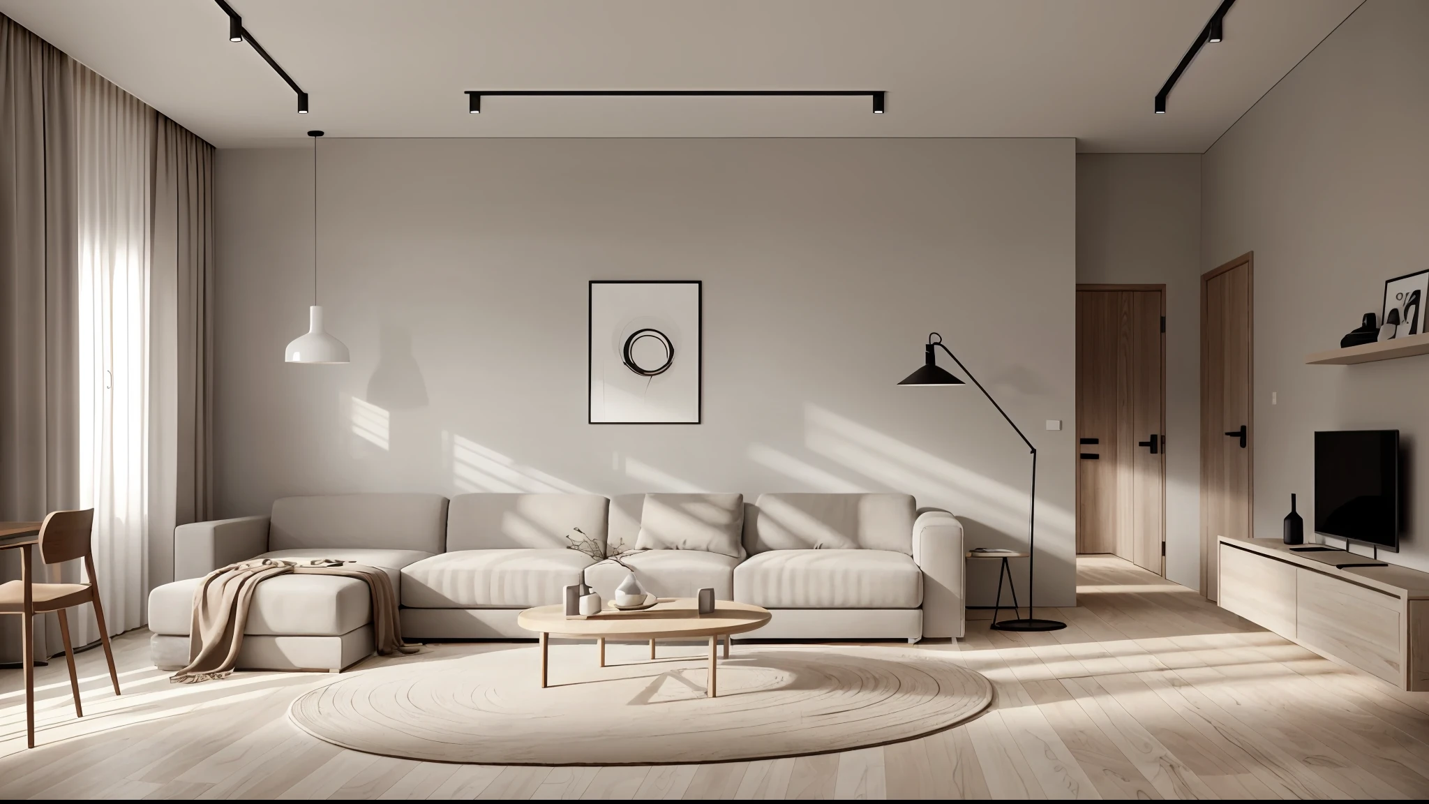minimalist interior, living room, white walls, skin pores, skin indentation, detailed face, best shadows, best lighting, cinematic lighting, best quality, luminous eyes, ambient warm light, warm tones,