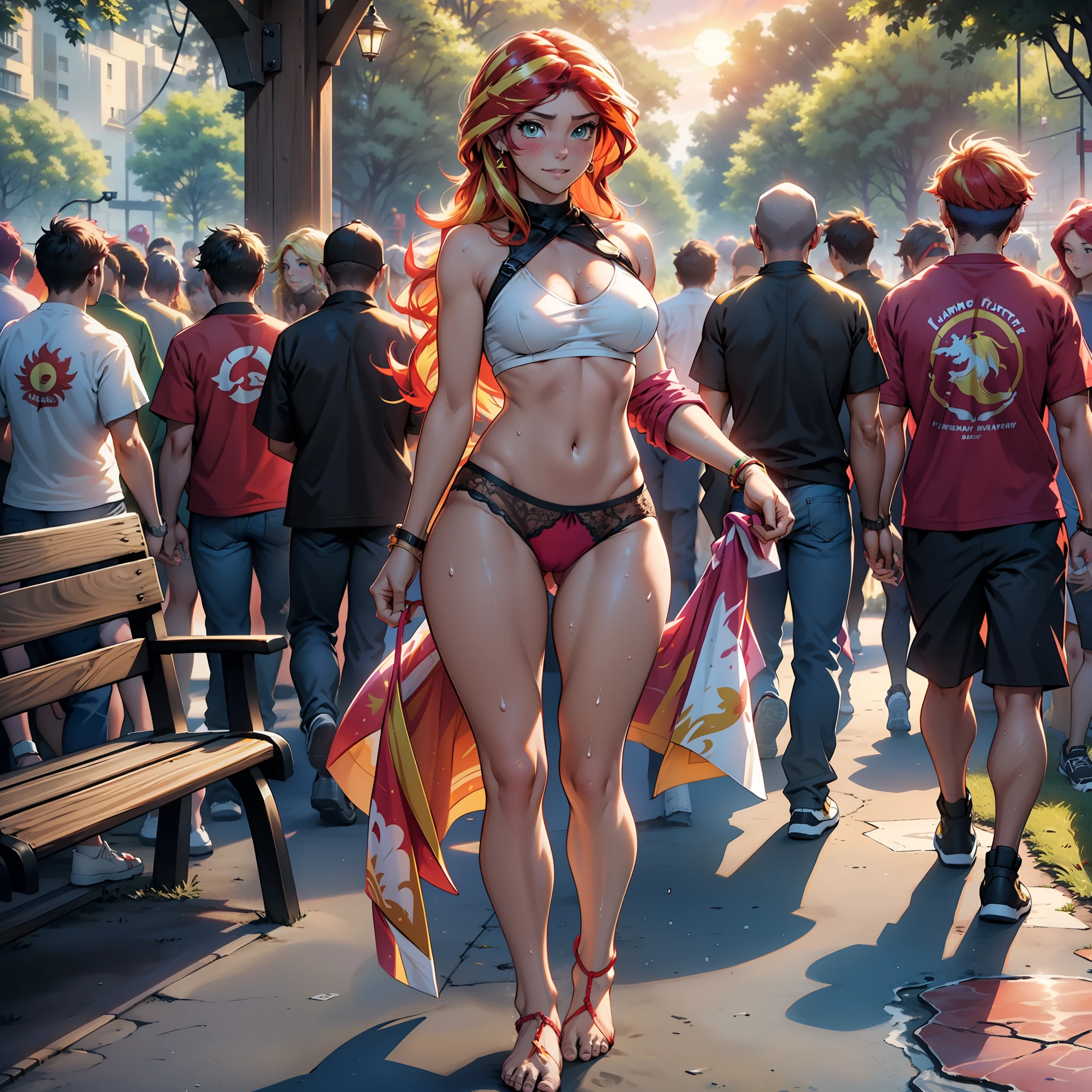 Sunsethuman, Sunset Shimmer, Sunset Shimmer from my little pony, Sunset Shimmer in the form of a girl, medium breasts, lush breasts, voluminous breasts, firm breasts, five fingers, detailed hands, two hair tones, red and yellow hair, happy face, walking through the park, benches, trees, blush, white lace underwear, sweat, wet with sweat, bare feet, full-length, crowd, people looking at Sunset, take pictures on a smartphone, camera flashes, naked, underwear shines through, day, summer, cameras, transparent underwear