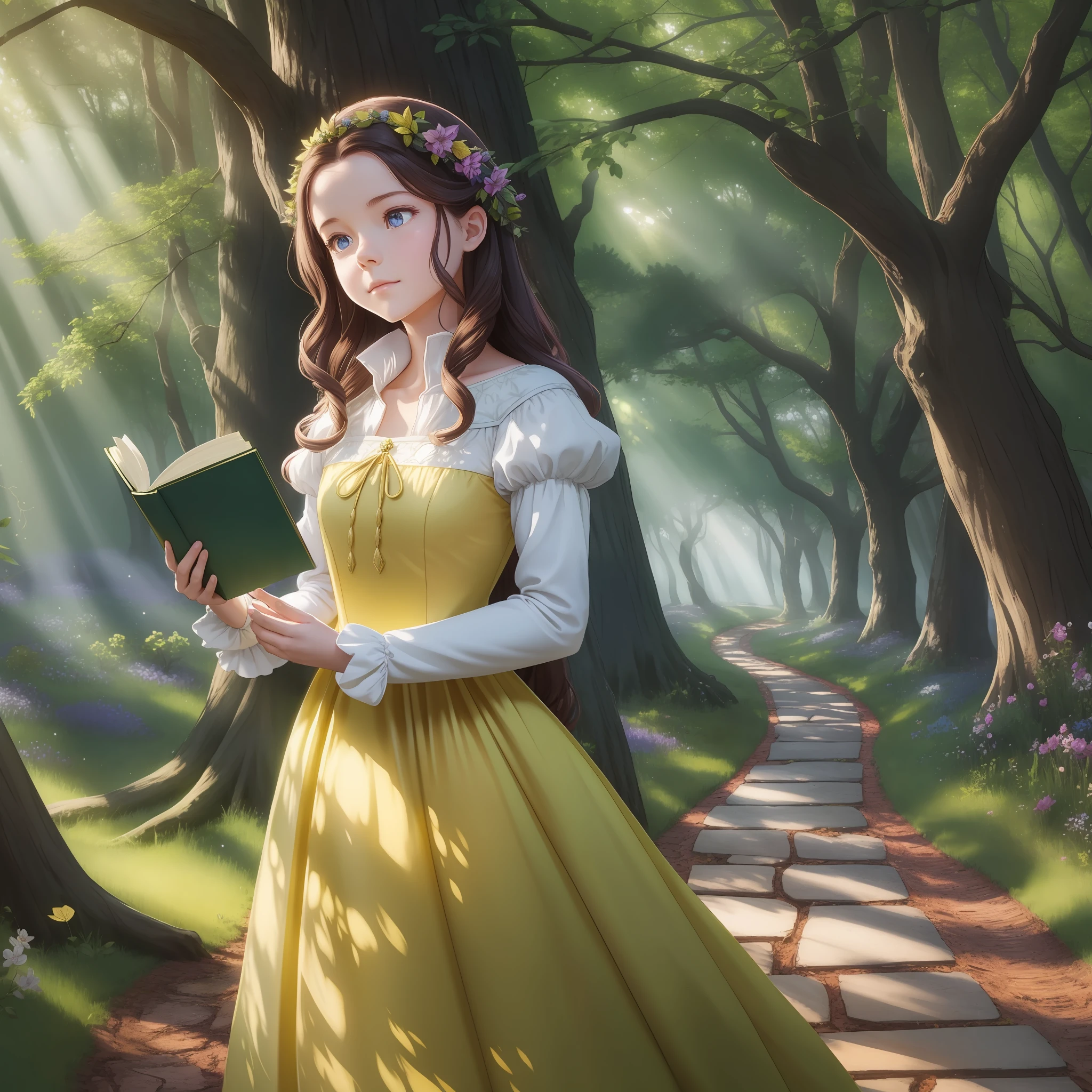 Belle, the little witch, standing in the middle of an enchanted forest, with tall, colorful trees around her. Golden rays of sunshine filter through the leaves, illuminating the scenery. Belle is holding a book open, her eyes wide with surprise and wonder.
Page 2: The hollow tree hidden in the heart of the forest, with its intertwined roots and a dark tunnel inviting Belle to explore. The tree is covered with vibrant and magical flowers, emitting soft glows. Belle, with an expression of curiosity, is about to enter the tree. --auto --s2