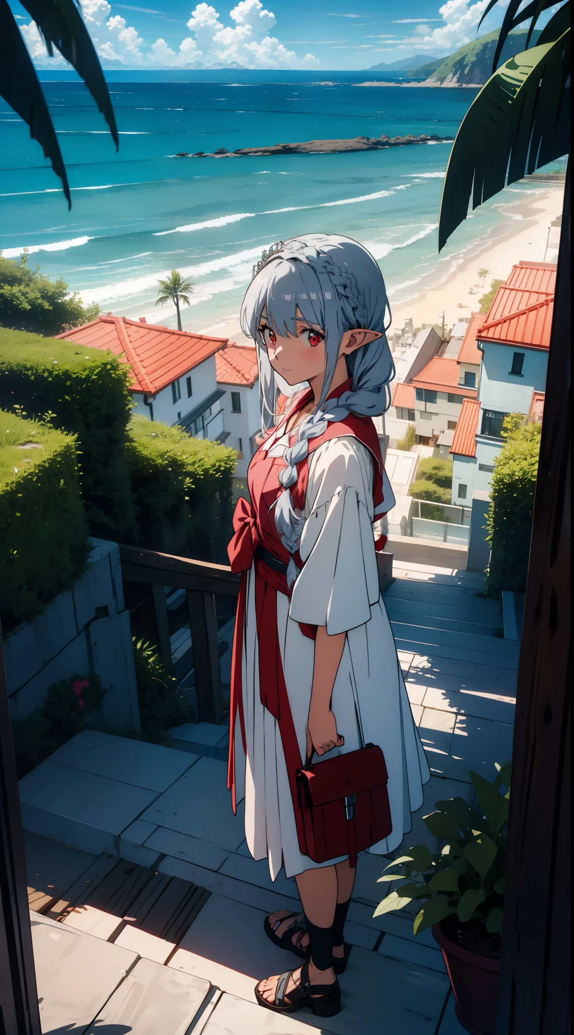 overlooking the beach, overlooking the sea, one girl closeup, elf, silver hair, red eyes, braid, seaside city, concept art, official art, beautiful anime scene, beautiful anime landscape, anime landscape
