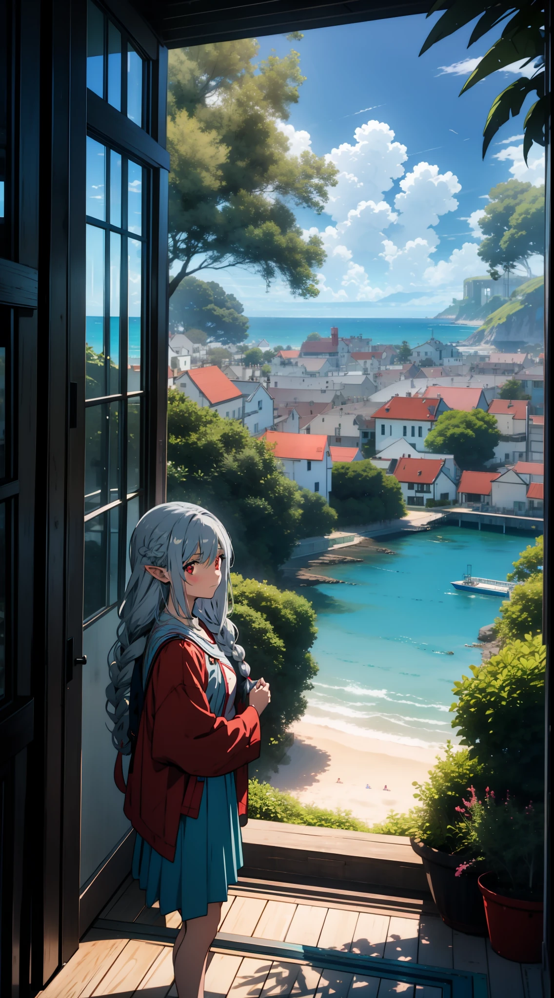 overlooking the beach, overlooking the sea, one girl closeup, elf, silver hair, red eyes, braid, seaside city, concept art, official art, beautiful anime scene, beautiful anime landscape, anime landscape