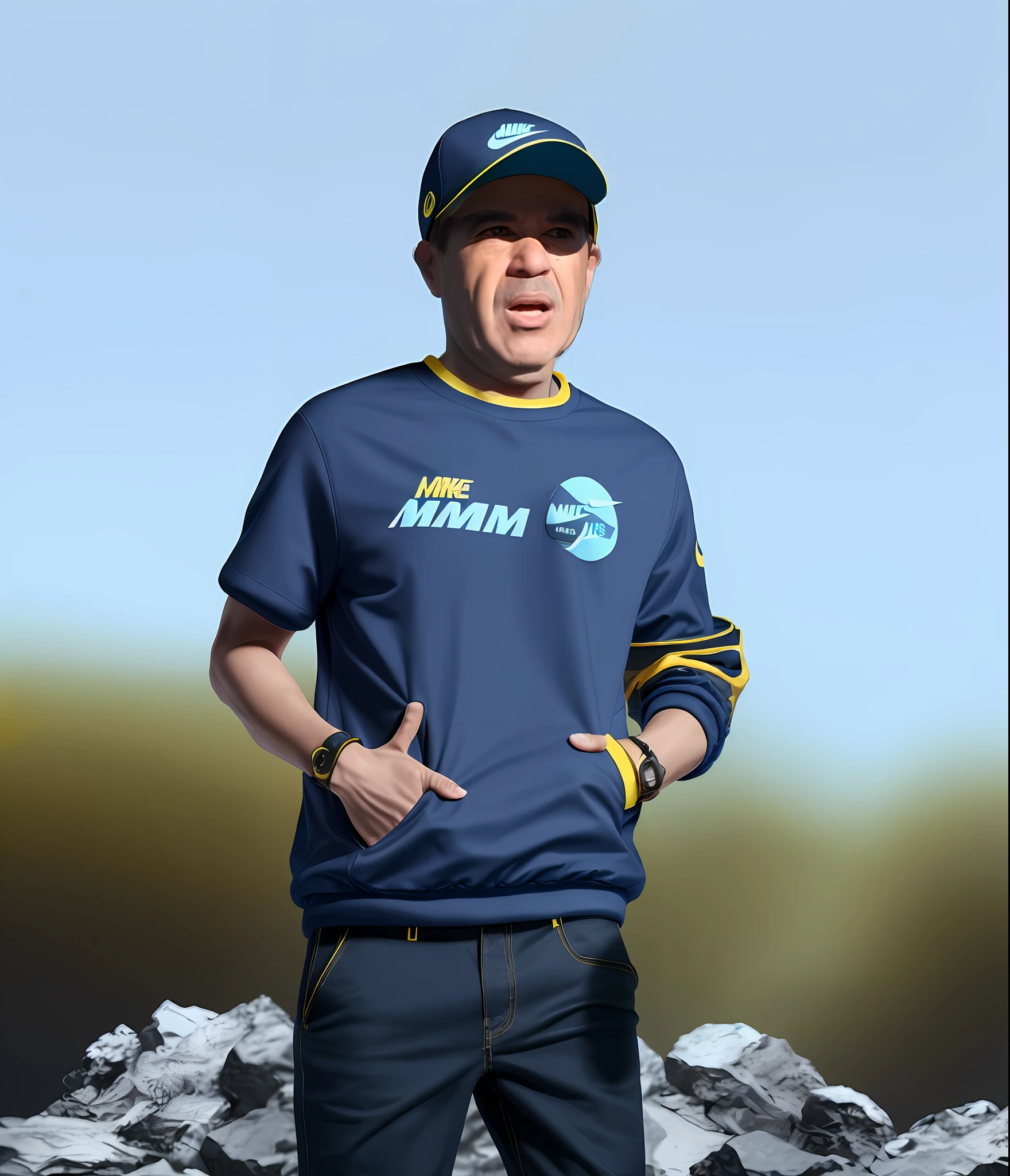 image photo with nike cap,A stylish design space background of a man full of sparkling and fluffy background of spring and autumn space jacket Cyberpunk ((sea blue yellow: 1.3) + (fashion: 1.1) + (trend: 1.2)), (nike logo), (corona rendering), ((space winter jacket concept + concept art design): 1.3), (8K: 1.3), (2:3 aspect ratio + warm color Q2), (750 pixels), ((fashion elements) :( 1.1+ Yellow navy blue T-shirt combines with fashion elements)), (Dynamics: 5)