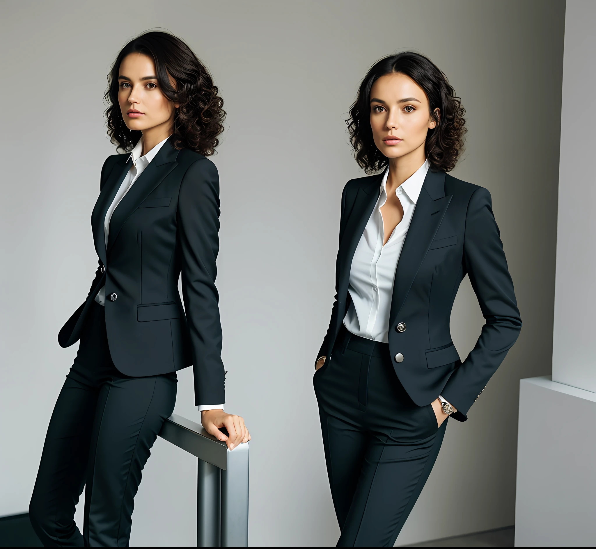 (create 1 a woman ceo wearing suit with tight pants ), (Brunette tanned with the symmetrical face of model), curly hair at shoulder height, dark, stylish and elegant, slim body , (high quality and realistic image), in the background of the image city of london, cinematic style, ((Best quality, 8k, Masterpiece).
