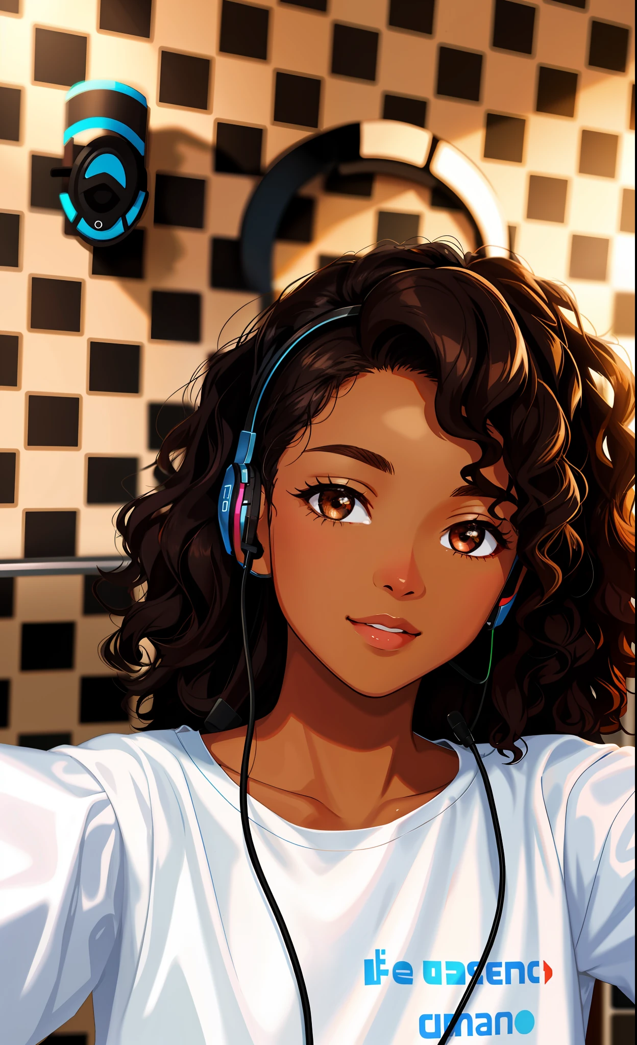 There is a woman with headphones when taking a selfie, brown skin, curly hair, black hair, profile picture, high quality photograph,