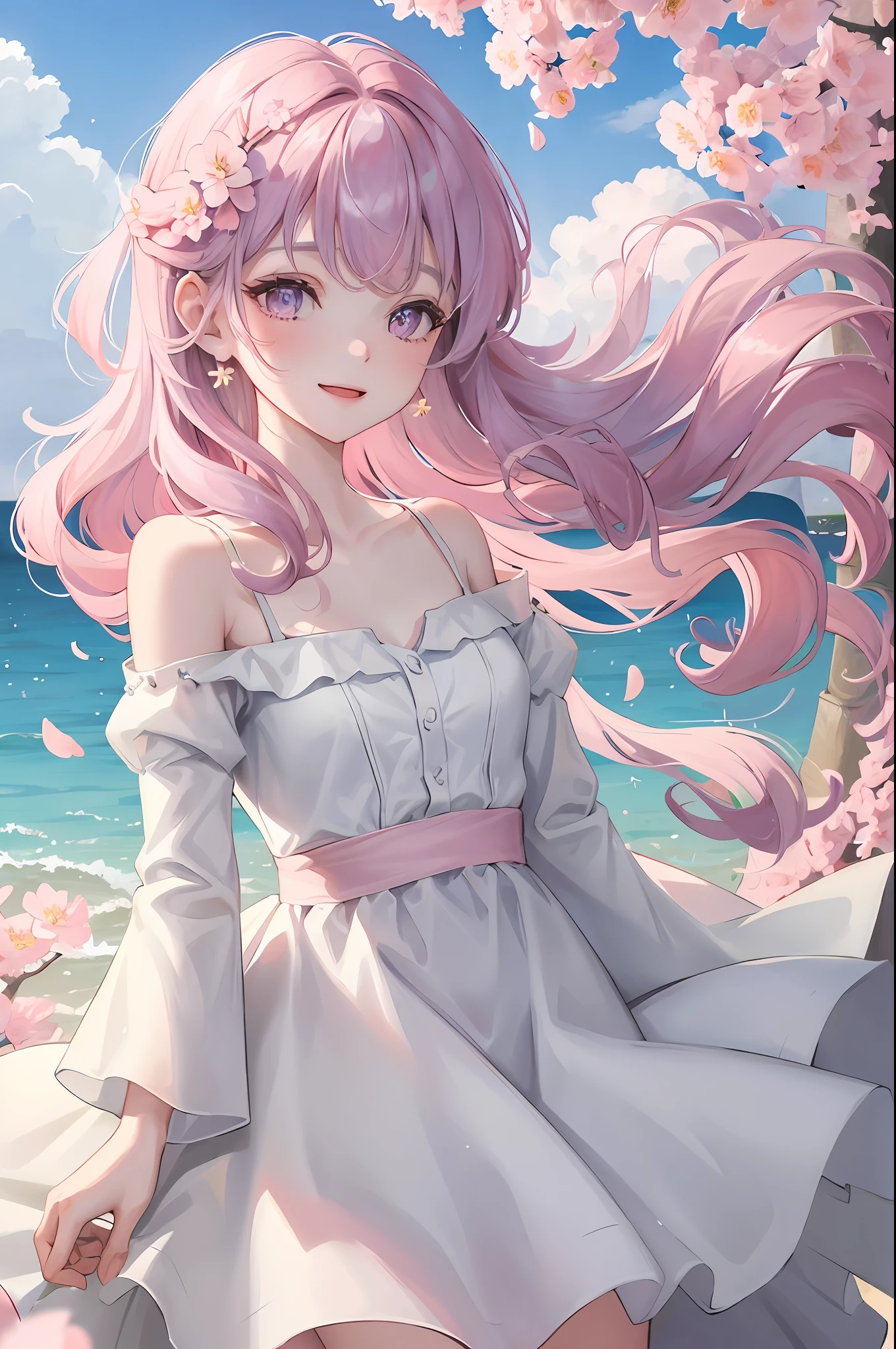 cherry_blossoms, falling_petals, petals, branch, pink_flower, 1girl,20-year-old, blue_sky, spring_\(season\), petals_on_liquid, flower, hanami, dress, (golden long curly hair: 1.5), wearing flower wreath, sky, outdoor, Clouds, bangs, smile, pink eyes, white dress with cherry blossoms, bare shoulders, earrings, best quality. Picture perfect. perfect hands. holding_flower, wind, tree, looking_at_viewer, cowboy shot, detail enhancement.