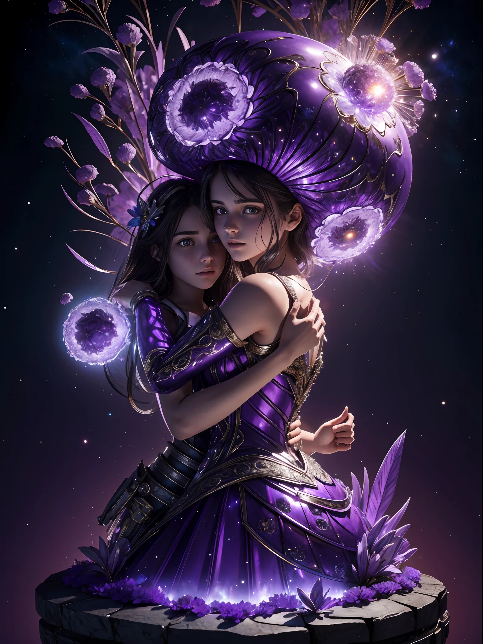 Incredible and spectacular scenes, ((high quality)), ((detailed)), ((fantasy)), "purple plasma brain, purple plasma body, realistic, best quality, 4K, flowers trapped in blisters at the top realistic, (handsome teenager and beautiful girl hugging), full body portrait", image quality (3D rendering effect) , exquisite details,