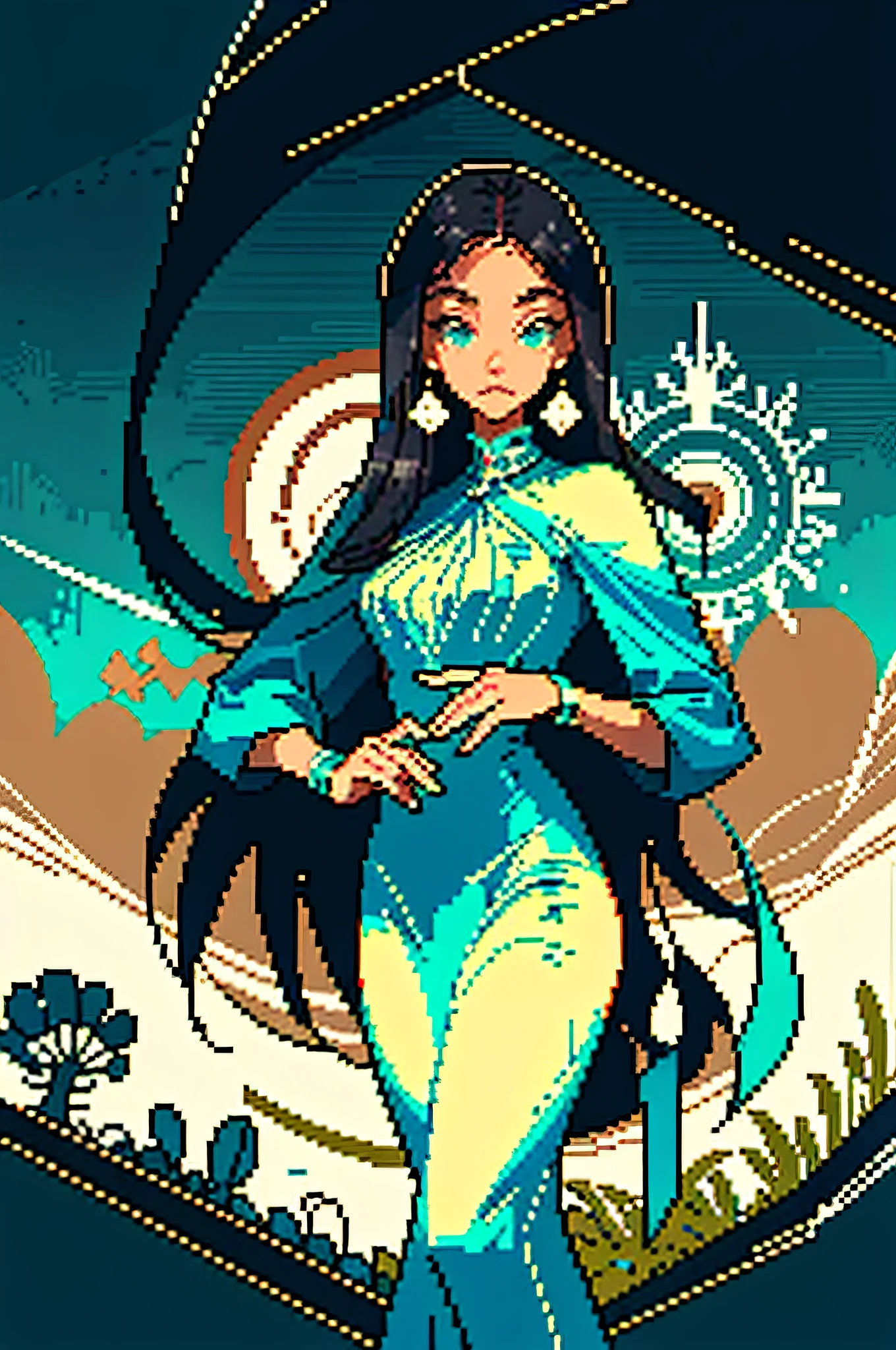 "({{masterpiece}}), {{best quality}}, pixel art, {{1girl}}."