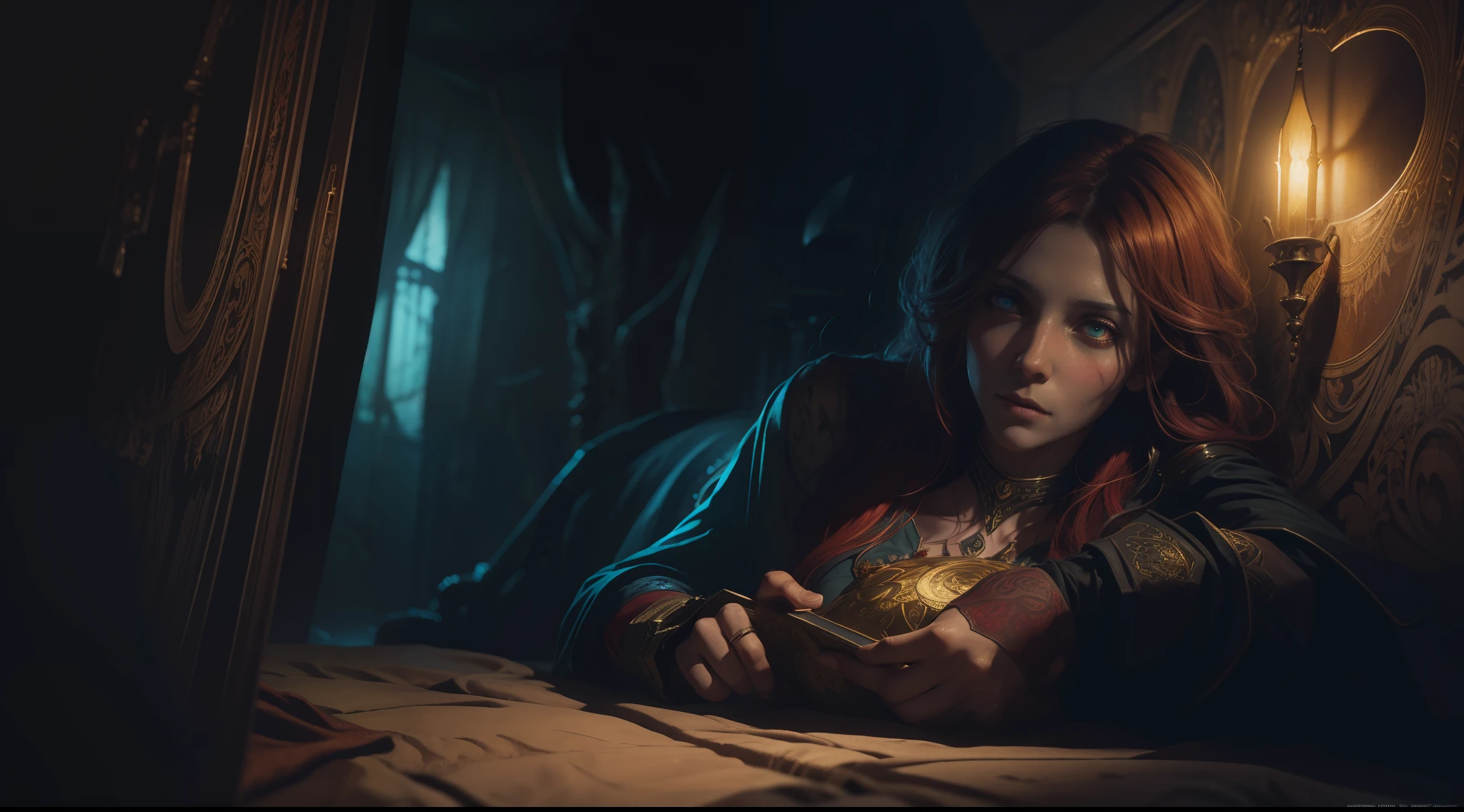 award-winning photo from the waist up, a terrifying monster takes care of a sleeping woman in her room, gorgeous face, hyper-detailed eyes, horror, a masterpiece, 8k resolution, dark fantasy concept art, by Greg Rutkowski, dynamic lighting, hyper-detailed, intricately detailed, Splash screen art, trend on Artstation, deep color, Unreal Engine, volumetric lighting, Alphonse Mucha, Jordan Grimmer, complementary colors red and yellow, horror Gustave Doré Greg Rutkowski