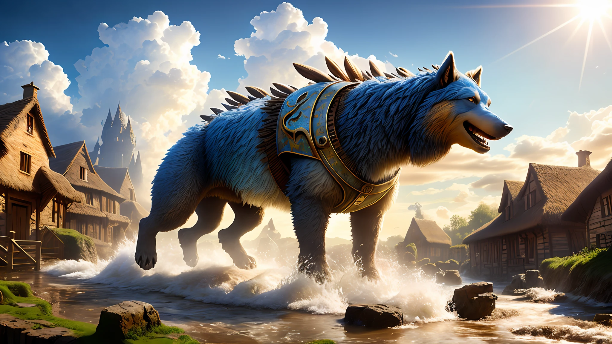 masterpiece, best quality, high quality, extremely detailed 8k wallpaper of CG unit, a giant elemental dog, in a medieval prehistoric village, water splashes, sandy debris, lens reflections, solar axis, fluffy clouds, hyperdetailed, HDR, bloom, photorealistic, hyperdetailed