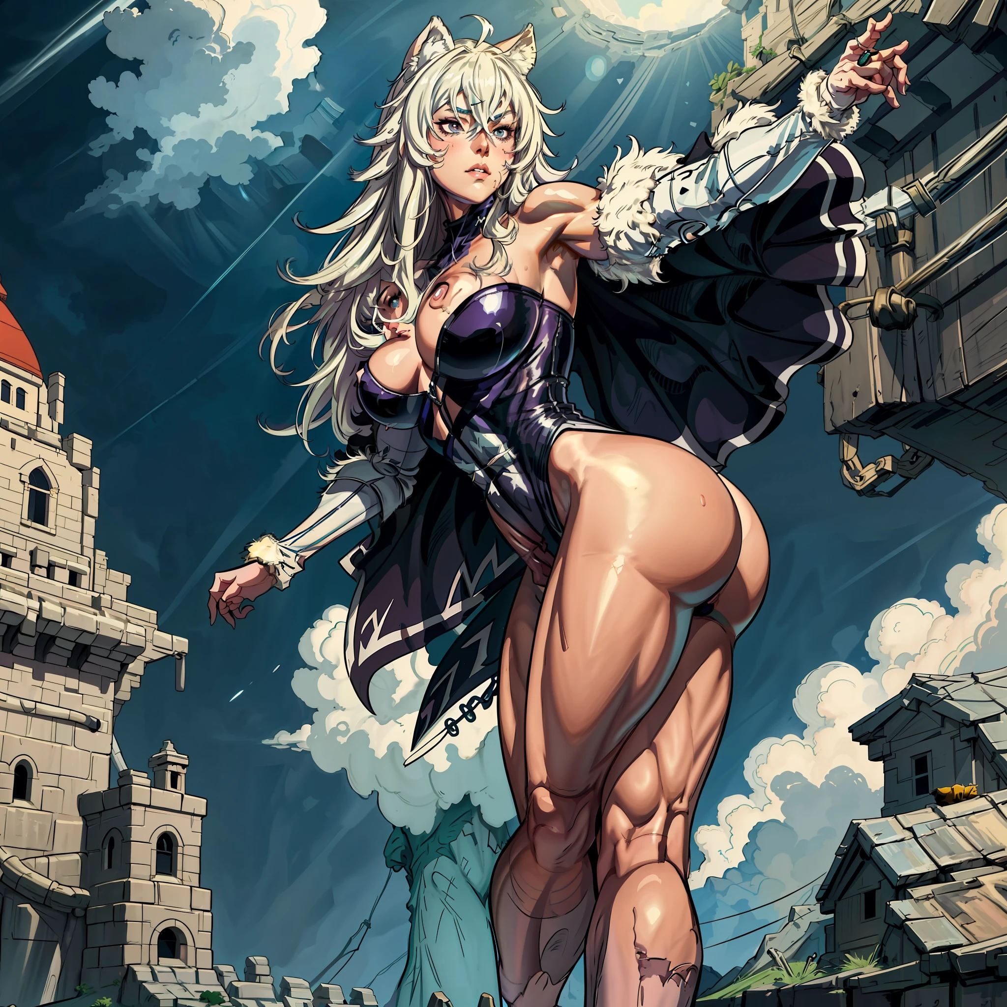 A beautiful woman with chains on her arms, armor, bikini, cutesexyrobutts, piercing and detached eyes, muscular!, fit body, gynoid body, sweaty body, perfect body, fit body, abdomen, large breasts, chubby butt, prancing ass, plump butt, full body concept art, detailed full body concept art, Yusuke Murata style, Ilya Kuvshinov, Oppai proportions, official character art,  uniform, full body concept, (best quality, masterpiece) a cute chibi girl,Sciamano240 style,