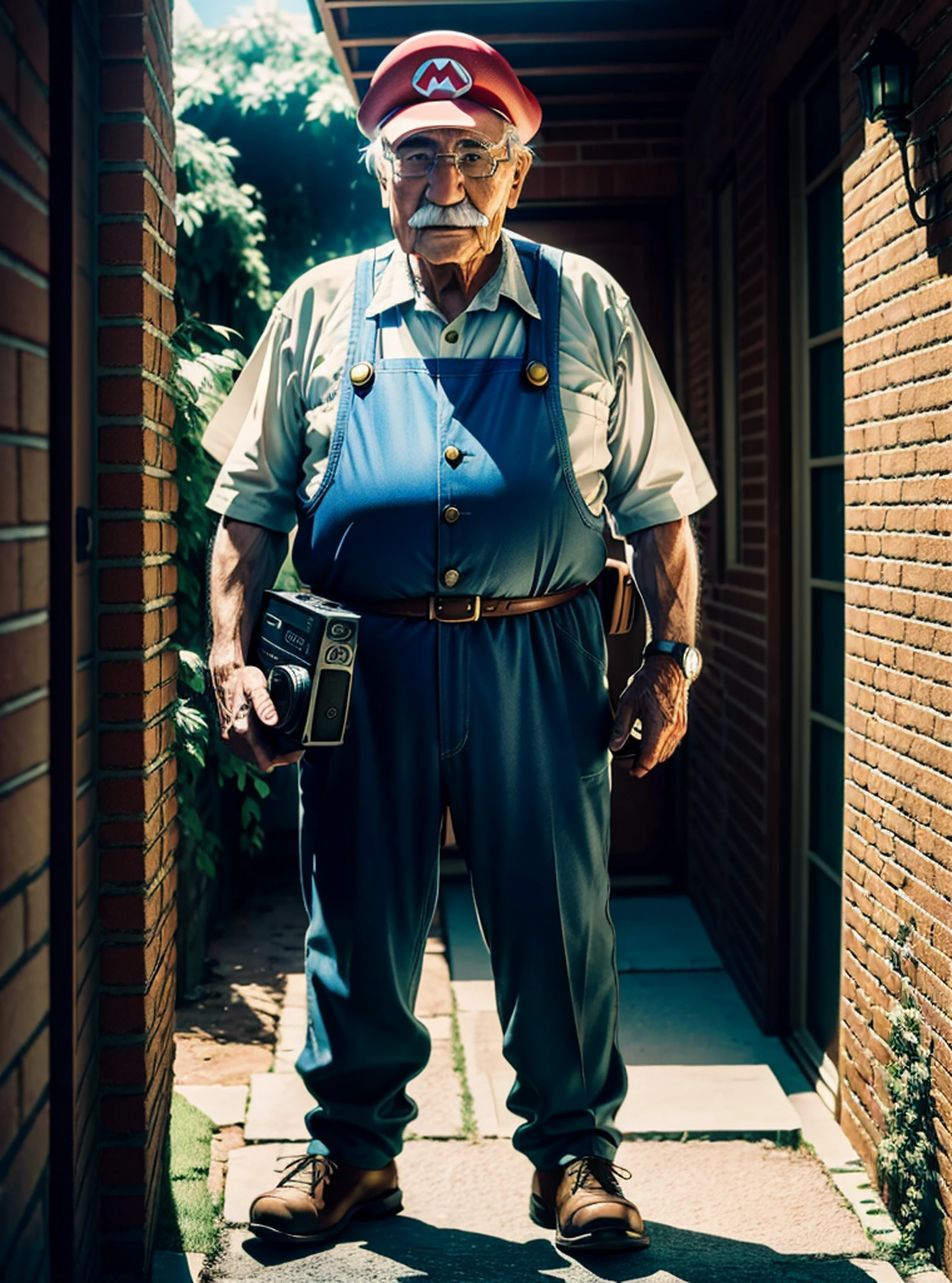 (photography, 364k, super detail, accurate, best quality, high quality), super mario elderly, male, front, full body, realistic, film grain, high atmosphere, 1080P