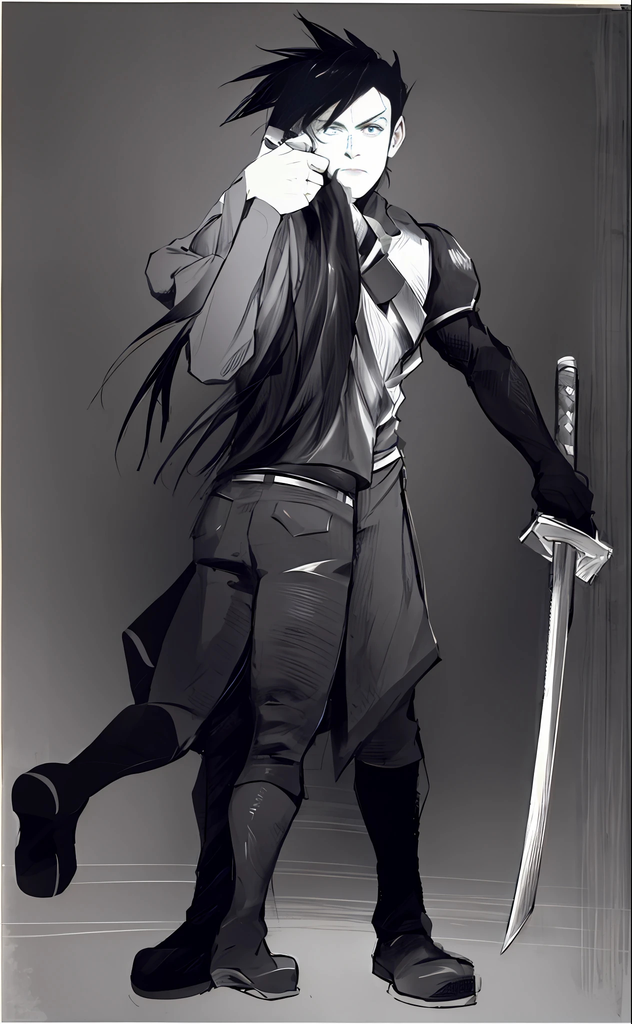 a drawing of a man holding a sword and a woman, holding a sword on her shoulder, she is holding a sword, she is holding a katana sword, with large sword, long sword in her hand, holding a long sword, carrying a sword, unsheathing her katana, while holding a sword, clean anime outlines, carrying swords on his back