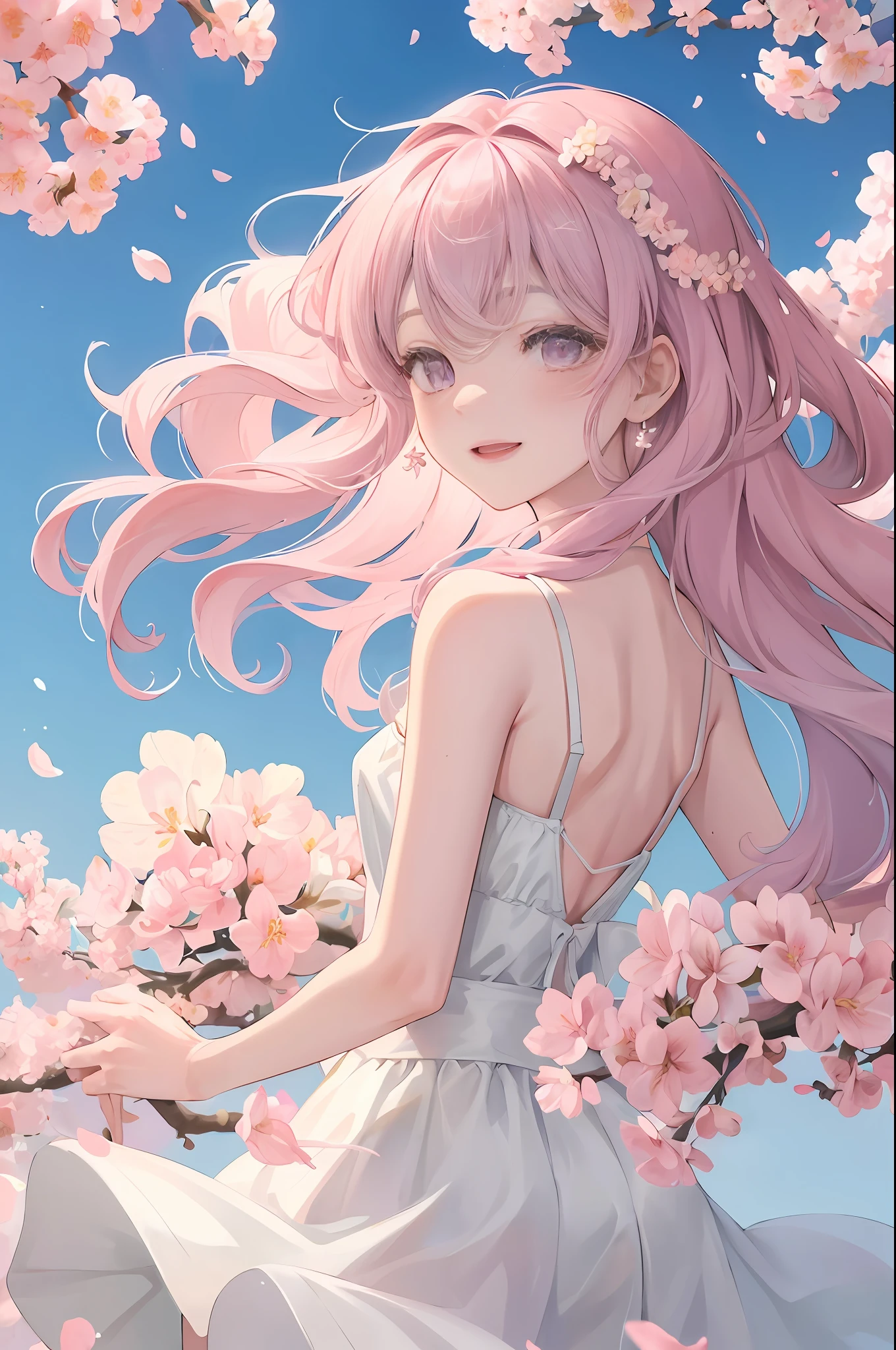 Anime girl with pink hair and white dress sitting on a branch of cherry ...