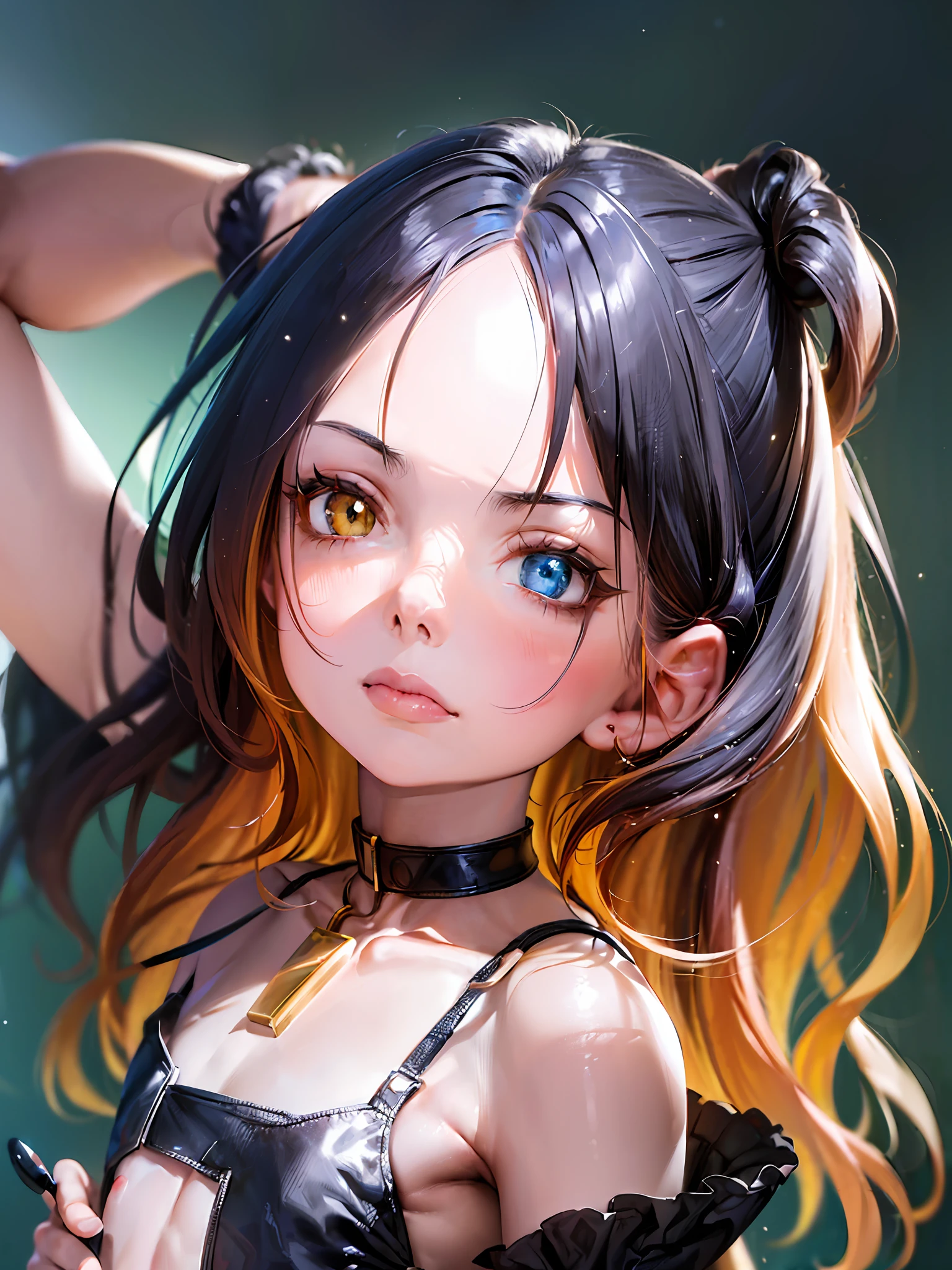 (masterpiece, 4k ,ultra detailed:1.2),(beautiful face:1.2),(anime:1.2),illustration,
(solo:1.2)
(looking at viewer:1.4),portrait,
(simple choker:1.1),
(string,abs,child,small breasts,petite,heterochromia:1.1),(sfw,nipple,flat chest,undress,:1.4),