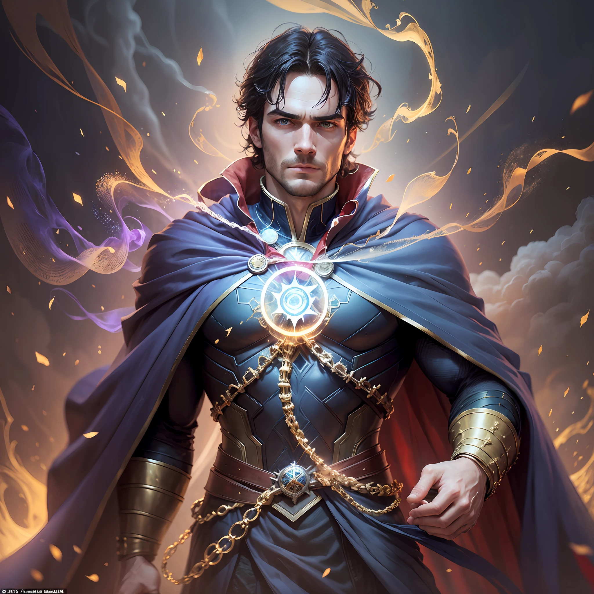 /imagine prompt: "Color photo of Henry Cavill dressed as Doctor Strange from the Marvel Cinematic Universe" , Mysterious, intriguing, charismatic, confident, with piercing blue eyes, donning a flowing red cape and a blue tunic, adorned with intricate golden designs, A mystical environment, with smoke and fog filling the air, and purple and green hues emanating from various sources, creating an aura of magic and wonder, Shot with a Nikon D850 camera, on Fujifilm Velvia 50 color film, with a 35mm lens and a wide depth of field, Directed by Christopher Nolan, Cinematography by Roger Deakins, Photography by Annie Leibovitz, Fashion design by Alexander McQueen. —c 10 --auto --s2