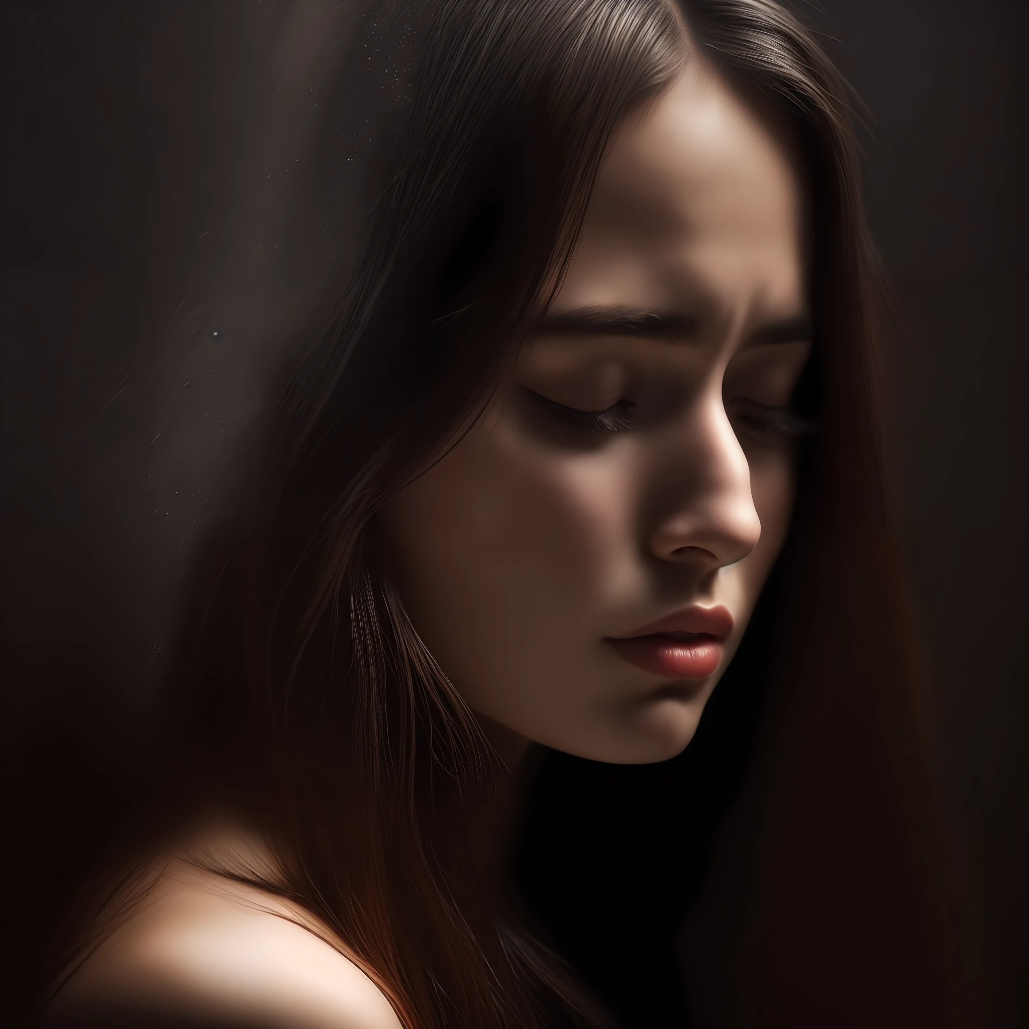(sadness:1.2),beautiful, delicate shadow play, tears streaming down her face softly, long dark hair, dark dramatic background, heartfelt crying, expression charged with intense emotion.