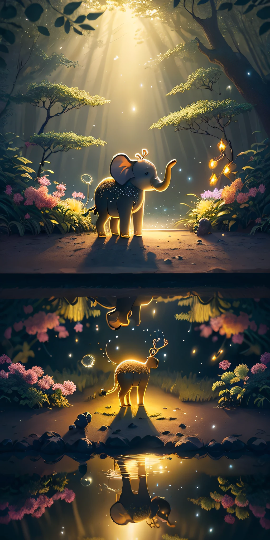 Masterpiece, best quality, (CG 8k wallpaper very detailed), (best quality), (best illustration), (best shadows), bright sprite, with a bright deer, in the pool Drinking water, natural elements in the theme of the forest . Mysterious forest, beautiful forest, nature, surrounded by flowers, delicate leaves and branches surrounded by fireflies (natural elements), (jungle theme), (leaves), (branches), (fireflies), (particle effects) etc.3D , Octane rendering, ray tracing, super detailed, elephant children's illustration