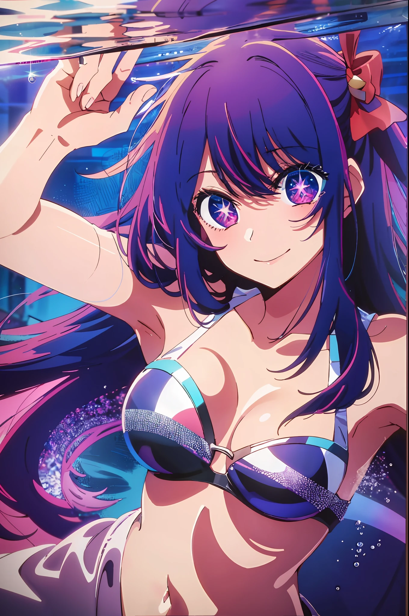 best quality, masterpiece, underwater, reaching out, from above, 2d, masterpiece, best quality, anime, highly detailed, cowboy shot, 1girl, solo, looking at viewer, smile, bangs, Star symbol-shaped pupils, heart-shaped pupils, medium breast, purple hair, purple eyes,purple Bikini, hair ornament, bow, ribbon,, Star symbol-shaped pupils, heart-shaped pupils