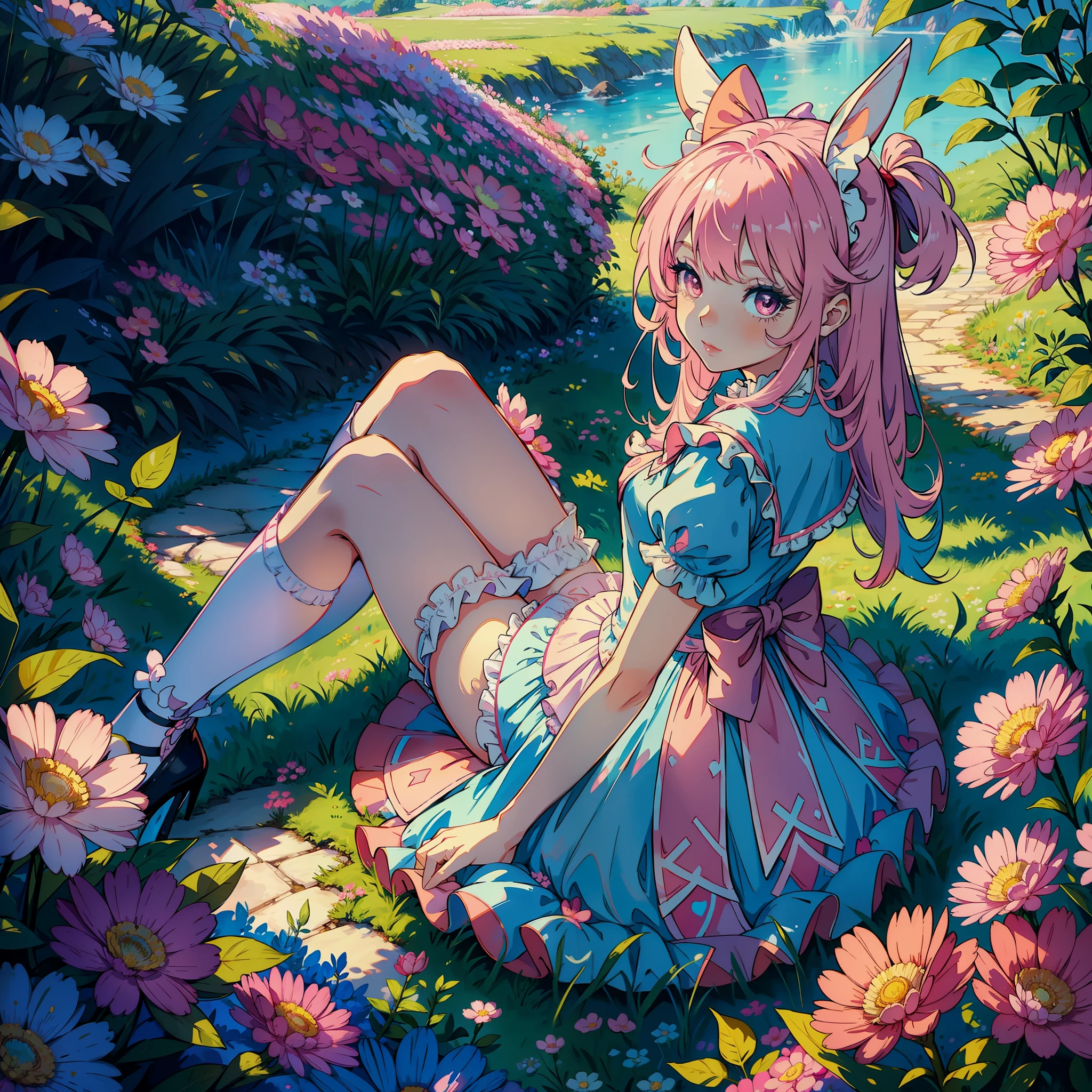 (Alice in Wonderland), beautiful girl dressed as a rabbit, (bright eyes), a sweet and colorful world,(pink cloud),(vibrant flowers), fairytale landscape.