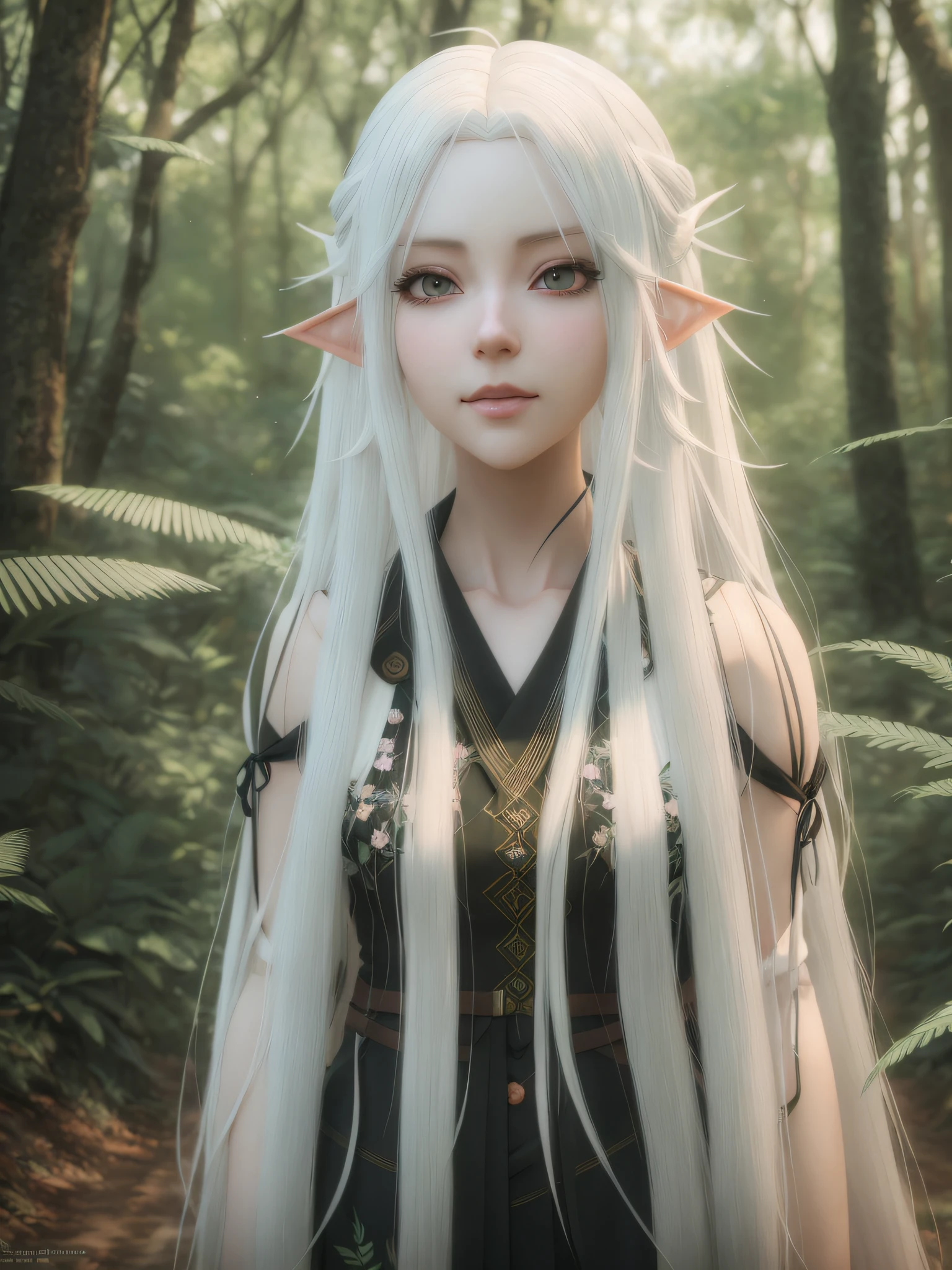 woman with long white hair in a forest, perfect white haired girl, girl with white hair, realistic 3D anime, Guweiz style art, hyper realistic anime, photorealistic anime girl render, photorealistic anime, Deviantart Artstation CGSCOSIETY, 3D style realistic anime, realistic anime, anime style. 8k, elf, realistic, open palms