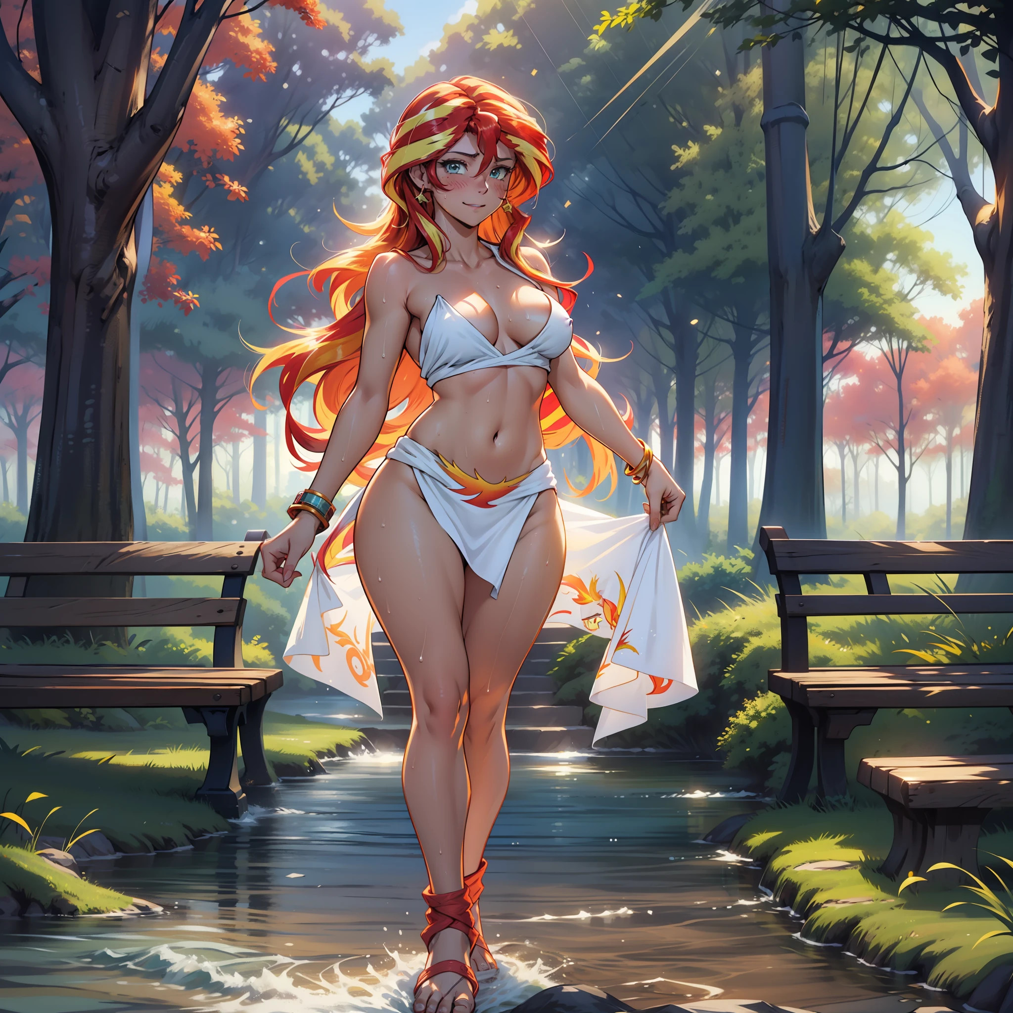 Sunsethuman, Sunset Shimmer, Sunset Shimmer from my little pony, Sunset Shimmer in the form of a girl, medium breasts, lush breasts, voluminous breasts, elastic breasts, five fingers, detailed hands, two hair tones, red-yellow hair, happy face, Walking through the park, benches, trees, blush, sweat, wet with sweat, bare feet, full-length, crowd, people standing with their faces, taking pictures on a smartphone, camera flashes, naked, bath towel, in one towel, wrapped in a towel, covered with a towel