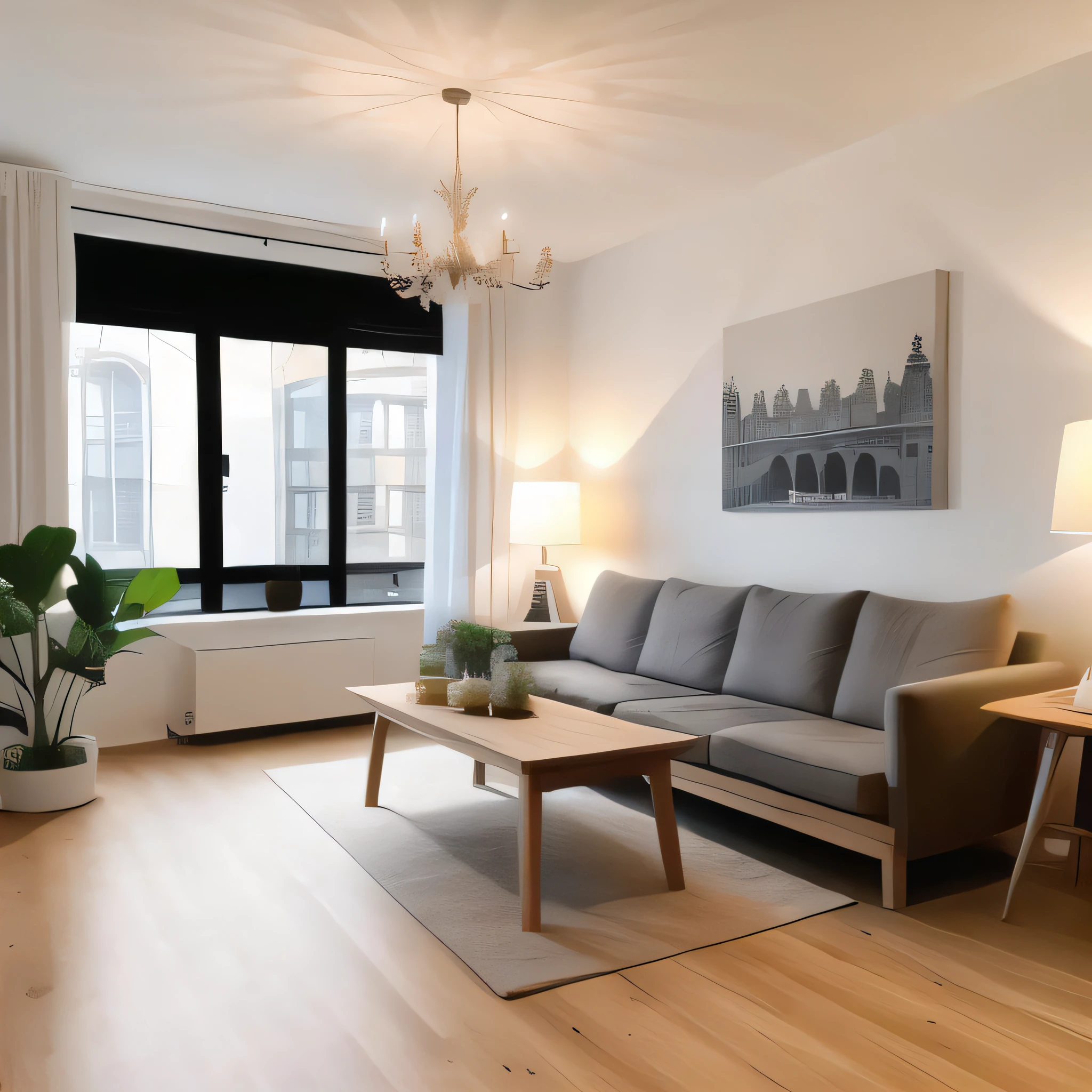 masterpiece, best quality,no humans, interior scene, couch, window, scenery, table, indoors, lamp, cup, building, cityscape, plant, restaurant, city, potted plant, wooden floor, chair, pillow, day
