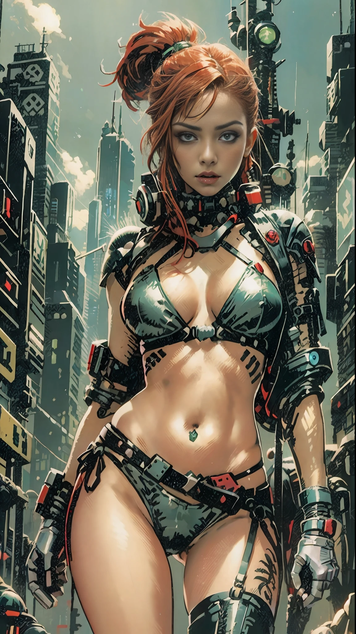 Woman, green eyes, red hair, cyberpunk, cyberpunk bikini, futuristic, armed,