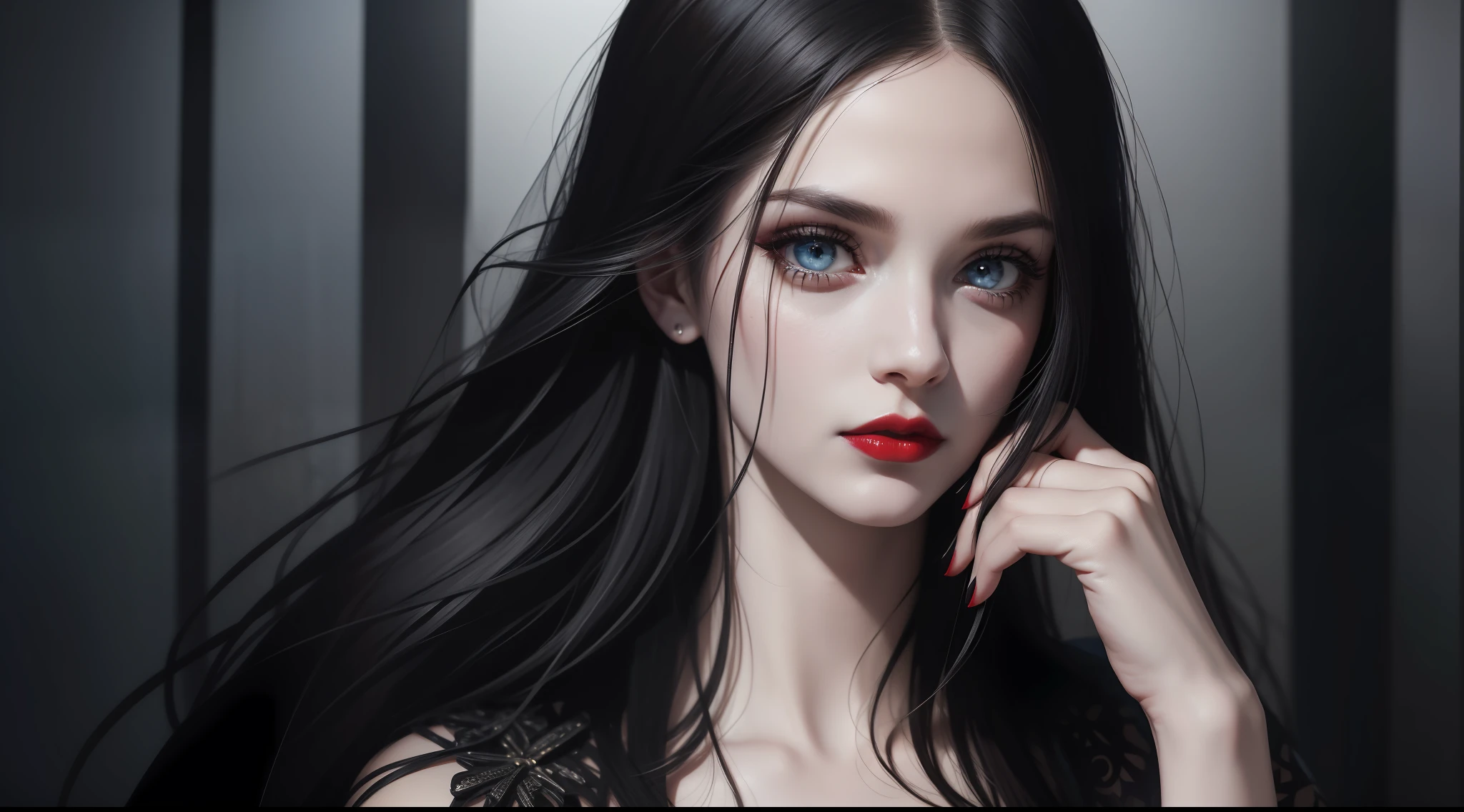 award-winning photo from the waist up, a portrait of a beautiful white girl goth, long straight black hair, stunning blue eyes, fine-art photography, soft 8k portrait, medium length, ultra-realistic UHD faces, Unsplash, Kodak Ultra Max 800, 85mm, intricate, casual pose, symmetrical centered composition, stunning photos, masterpiece, centered composition, thin red lip, thin eyebrows, very pale skin,  heavy makeup