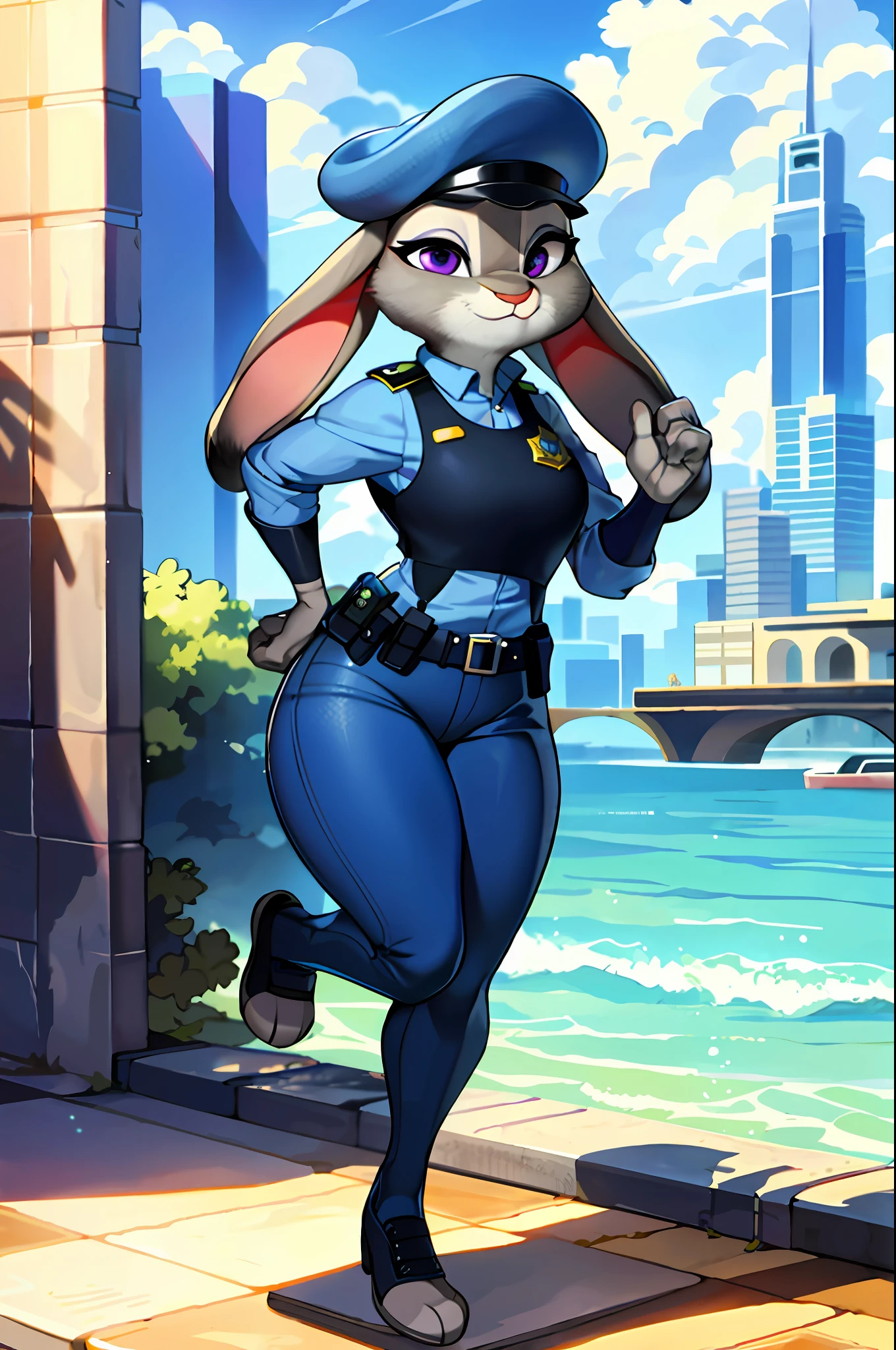 best quality, masterpiece, solo, 1girl, JudyHopps, police uniform, police hat,