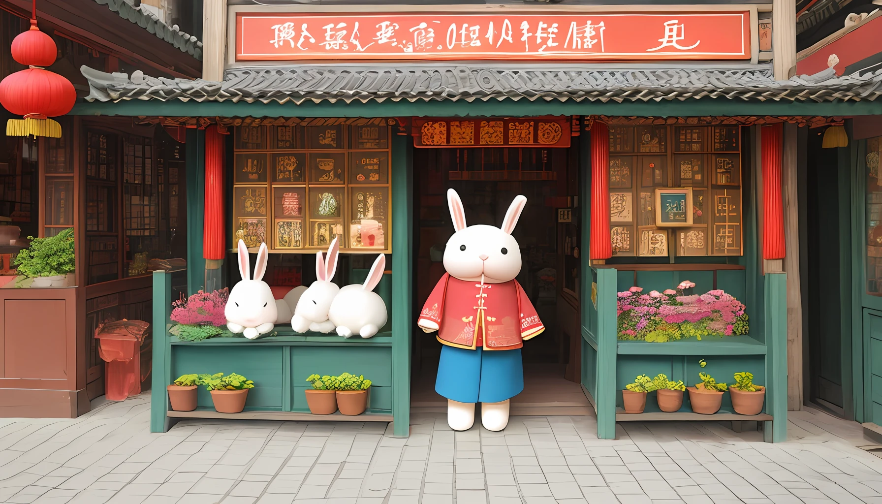 Logo Two Doll Rabbits Cute Toy Chinese Townscape