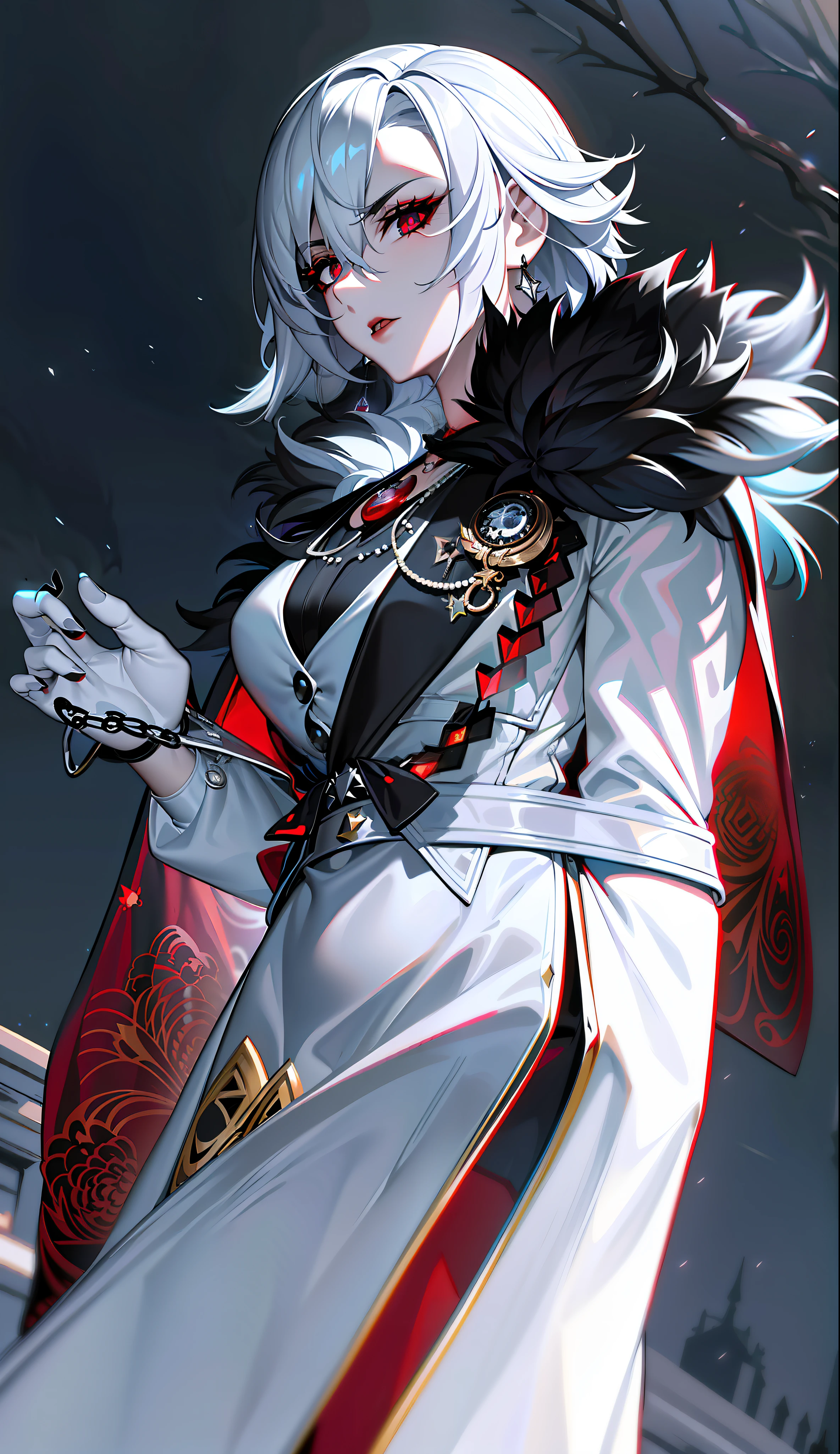 masterpiece, best quality,((ultra-detailed)), (illustration), ((extremely sharp and menacing)), solo, calm Expression (beautiful detailed eyes),(bright eyes) , black eyes (x shaped pupils ), (detailed light),(well detailed background) (best quality), (high quality), 1girl, solo , arlecchino\(genshin impact\), fur coat, jowelery, cold expression, white hair, short hair, black locks, androgynous woman, evil, fully clothed, (((black eyes, red x shape eyes))) , black lipstick, ultra detailed background, outdoor, moon, night sky, bloody moon, red moon, dark forest, red flames, dark theme, standing menacingly, grey dress shirt, white waist coat, (((red butterfly shaped necklace))), long white coat, flat chest, at night, black gloves, extremely detailed eyes, stars, full moon , fire, flames, black trees,