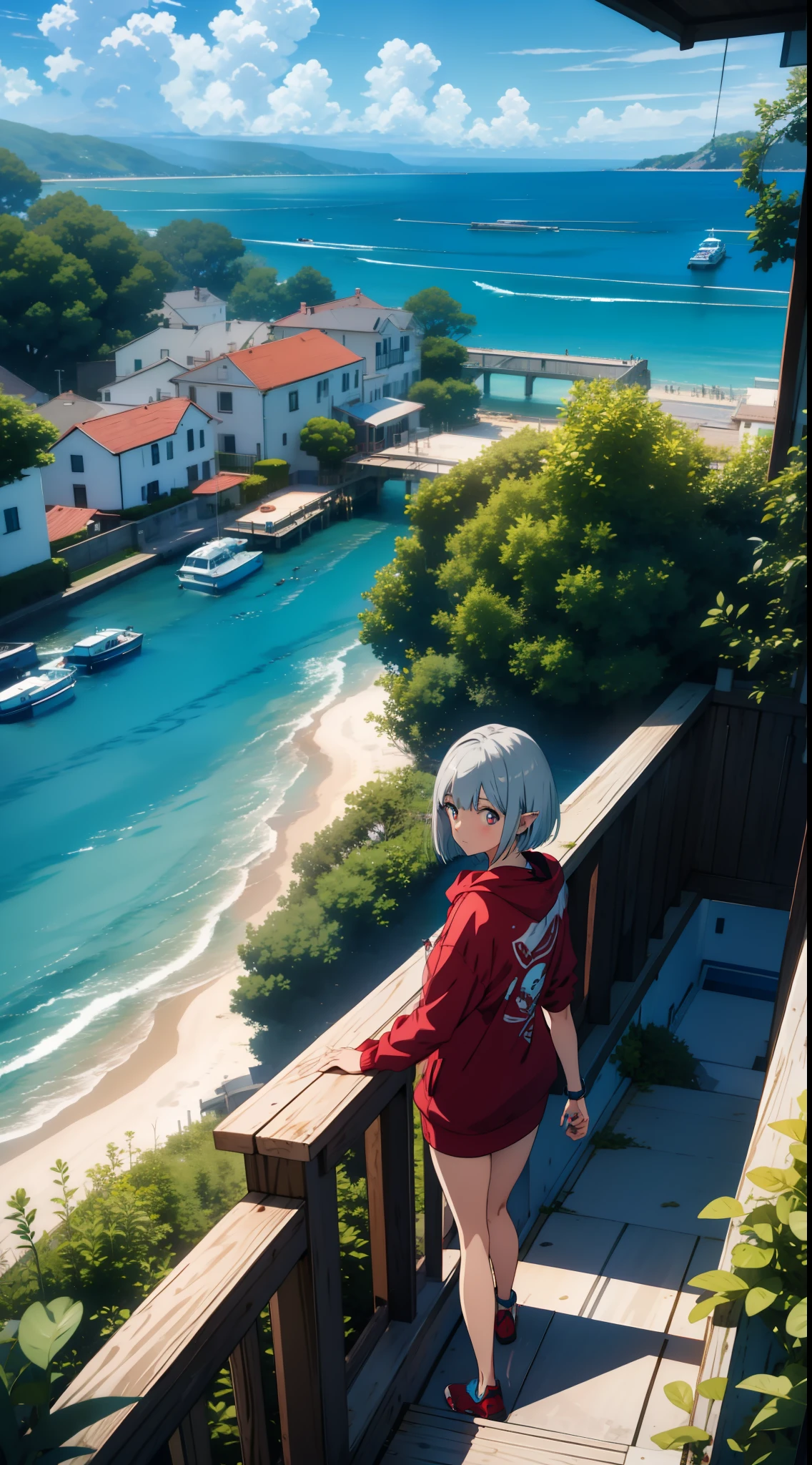 seaside city, overlooking the sea, one girl closeup, elf, silver hair, red eyes, bob cut, swimsuit, hoodie, concept art, official art, beautiful anime scene, beautiful anime landscape, anime landscape