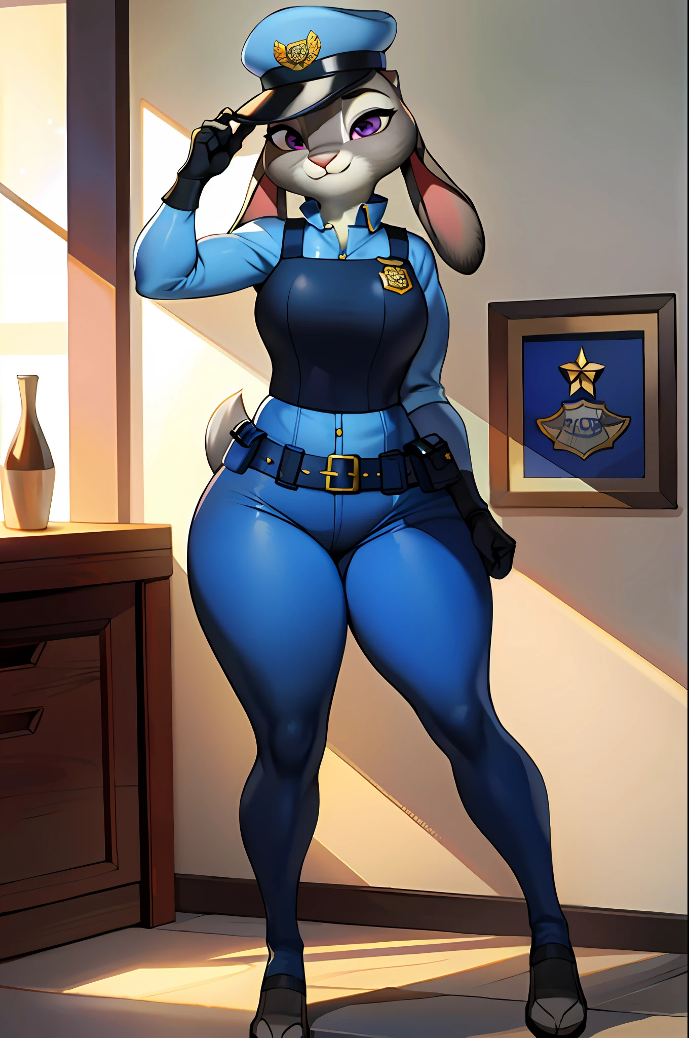 best quality, masterpiece, solo, 1girl,  JudyHopps, police uniform, police hat,