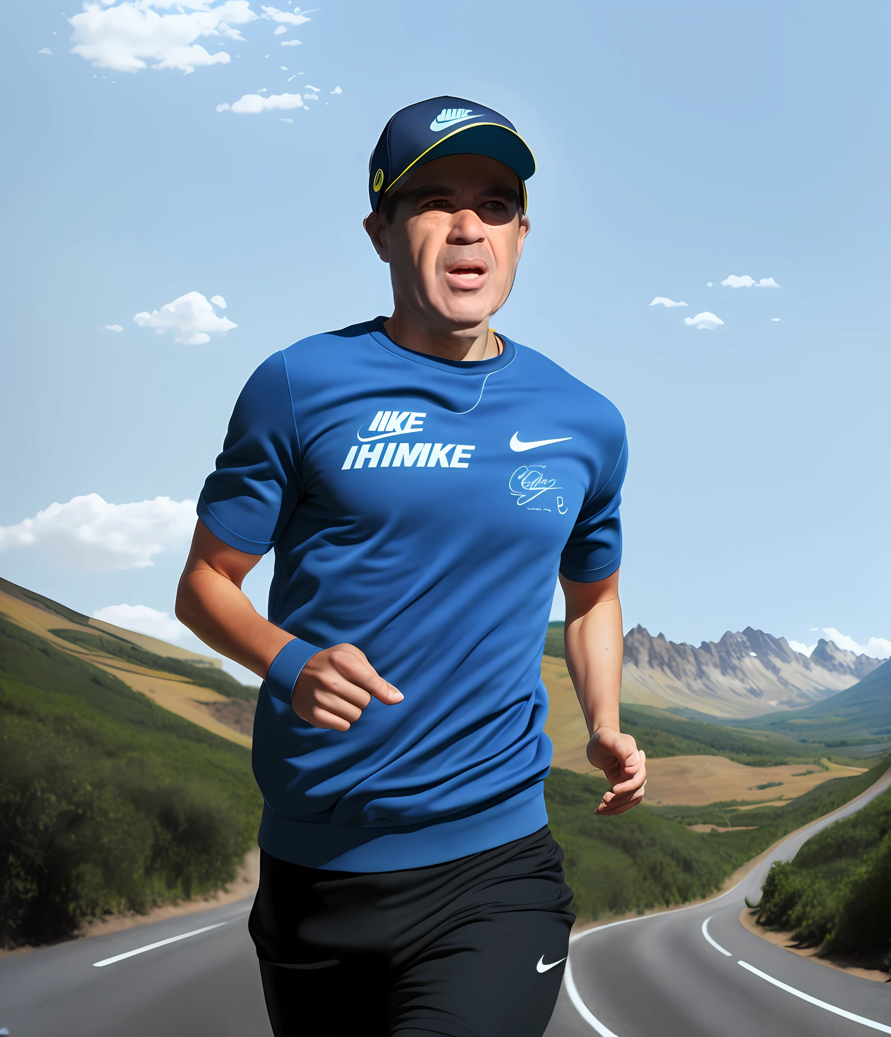 USE REALISTIC PHOTOGRAPHY, FULL BODY ATHLETE RUNNER WITH NIKE BRAND SWEATER running on road in the mountains of tibé, dirt road with bushes on the sides, dust rising, summer afternoon, physical exercise weather, blue sky, clouds, flowers, Adobe Illustration, Trending on Artstation, magnificent art, masterpiece, warm and soft lighting, best quality, bifocal fisheye lens 85mm