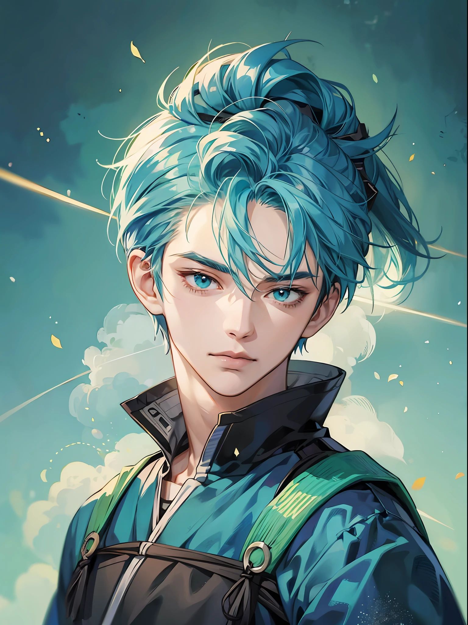 man, cyan hair, shinobi, anime style --auto --s2