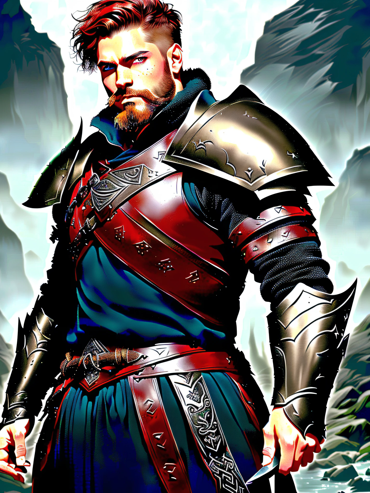 man with short beard, epic rpg portrait, fantasy male portrait, rpg portrait concept art, male warrior, fantasy concept art portrait, epic portrait illustration, detailed character portrait, one human warrior, big black armor with details red, full armor, blue eyes, short hair, holding a black greatsword, brown hair, dungeons and dragons character, serious