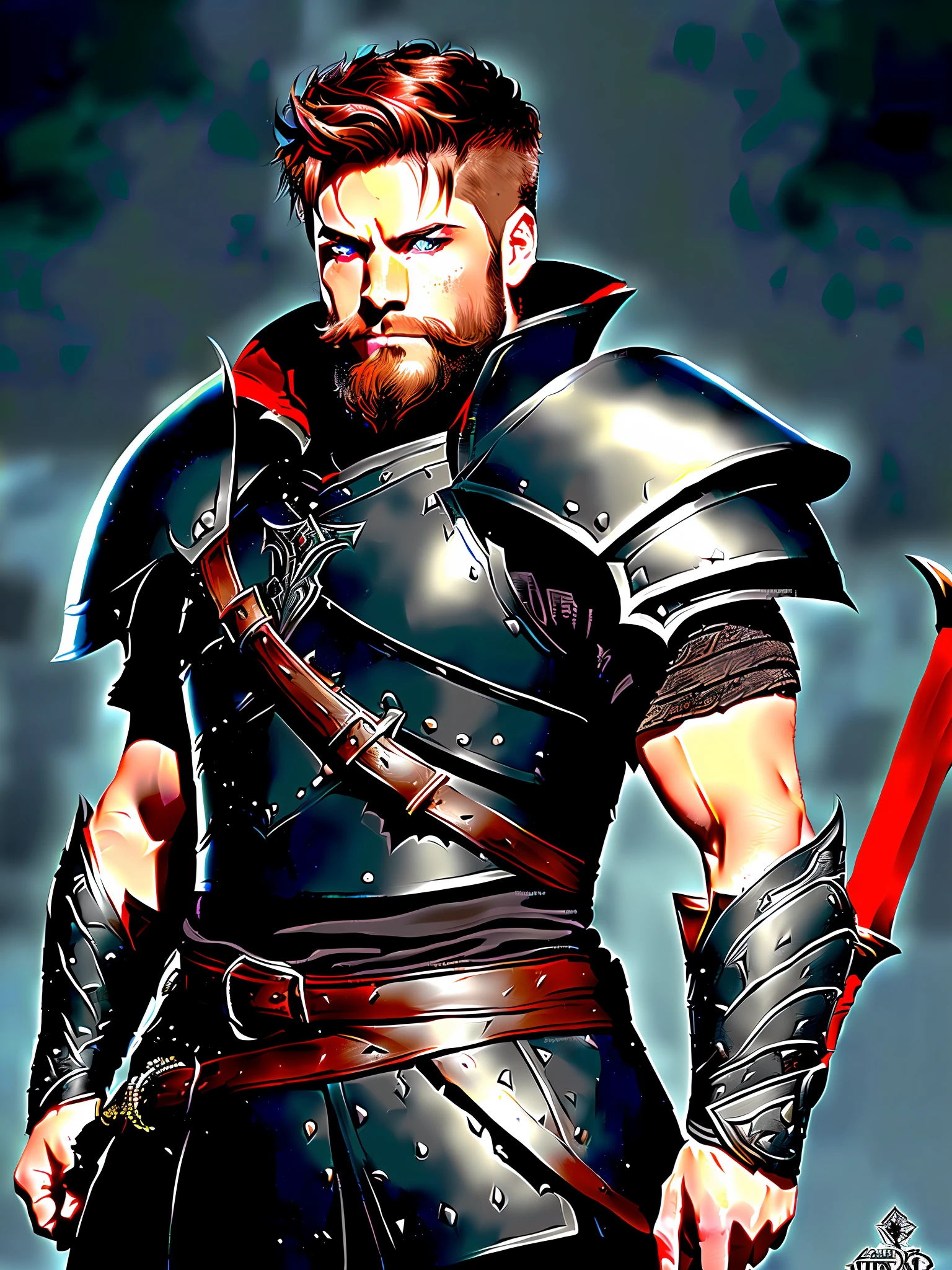 man with short beard, epic rpg portrait, fantasy male portrait, rpg portrait concept art, male warrior, fantasy concept art portrait, epic portrait illustration, detailed character portrait, one human warrior, big black armor with details red, full armor, blue eyes, short hair, holding a black greatsword, brown hair, dungeons and dragons character, serious