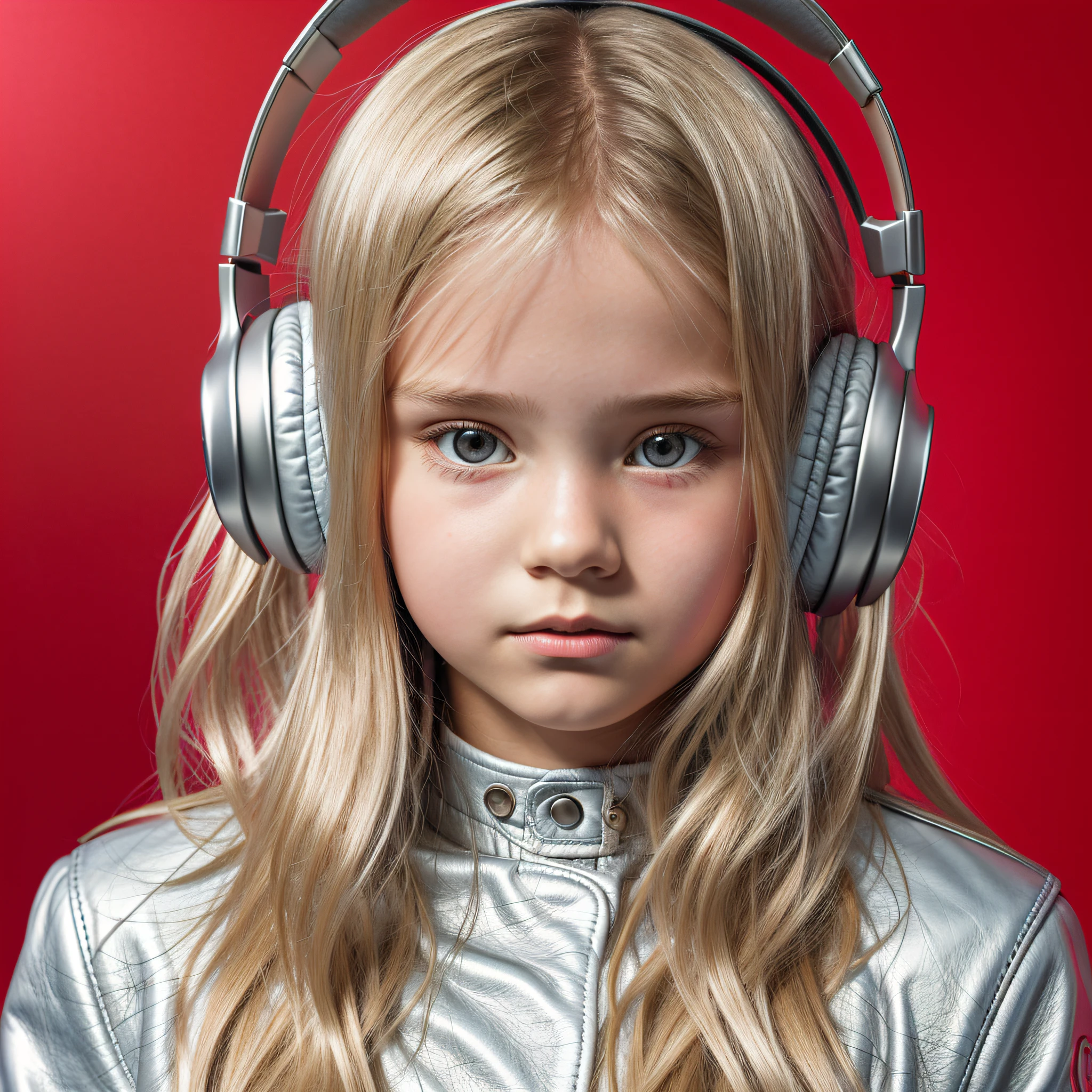 GIRL  , RUSSIAN BLONDE long hair and headphones , portrait , SILVER LEATHER JACKET, red background. --auto --s2